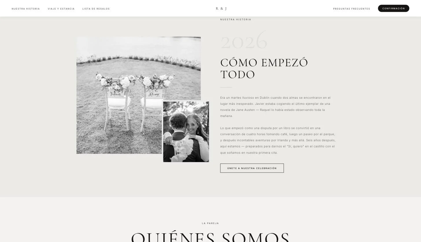 Ejemplo de texto de la sección nuestra historia en una web de boda, con el título Cómo empezó todo, dos párrafos y un botón