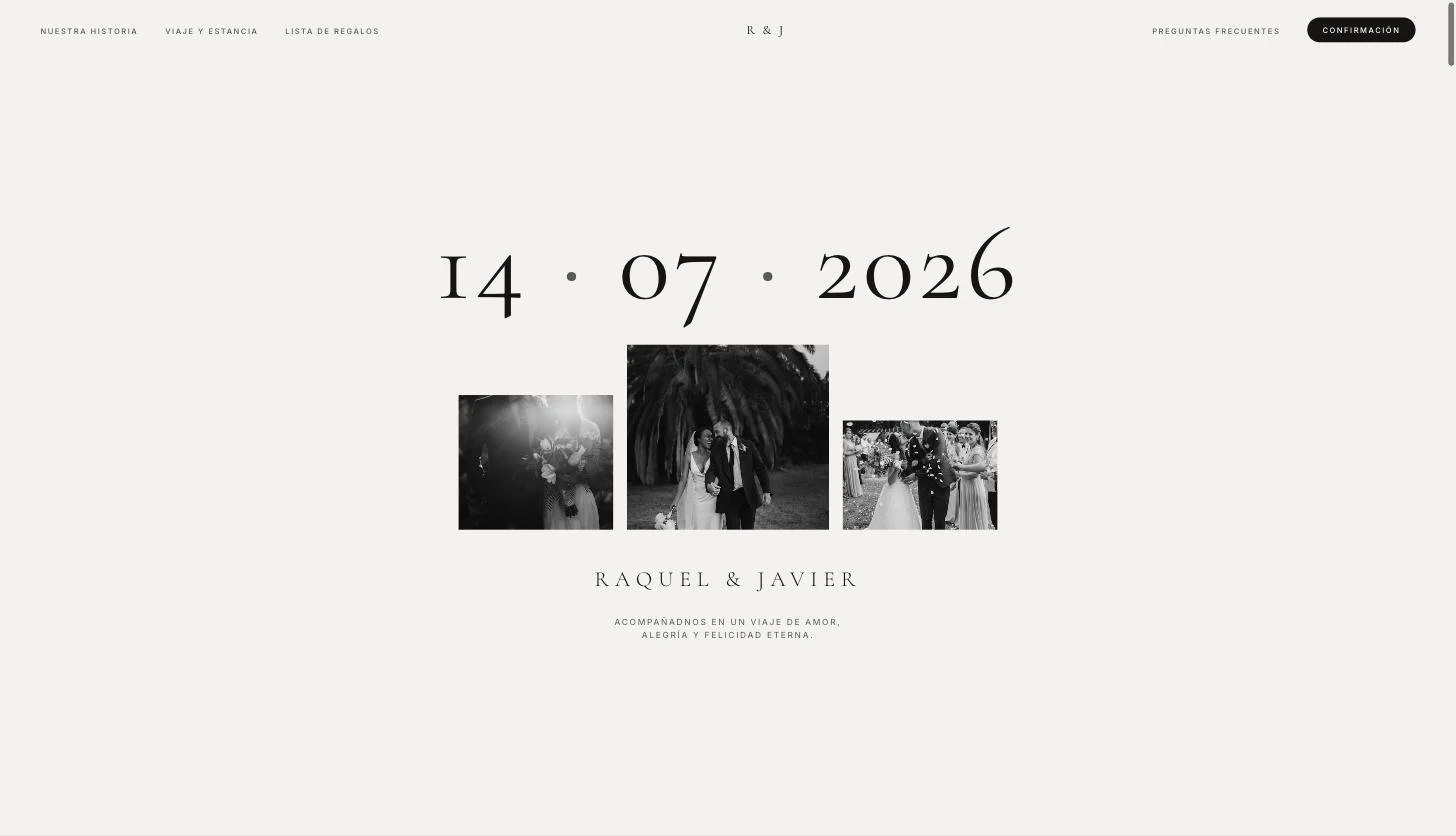 Ejemplo de texto de portada en una web de boda: la fecha 14·07·2026 en grande, tres fotos de pareja y los nombres Raquel y Javier con su frase de bienvenida