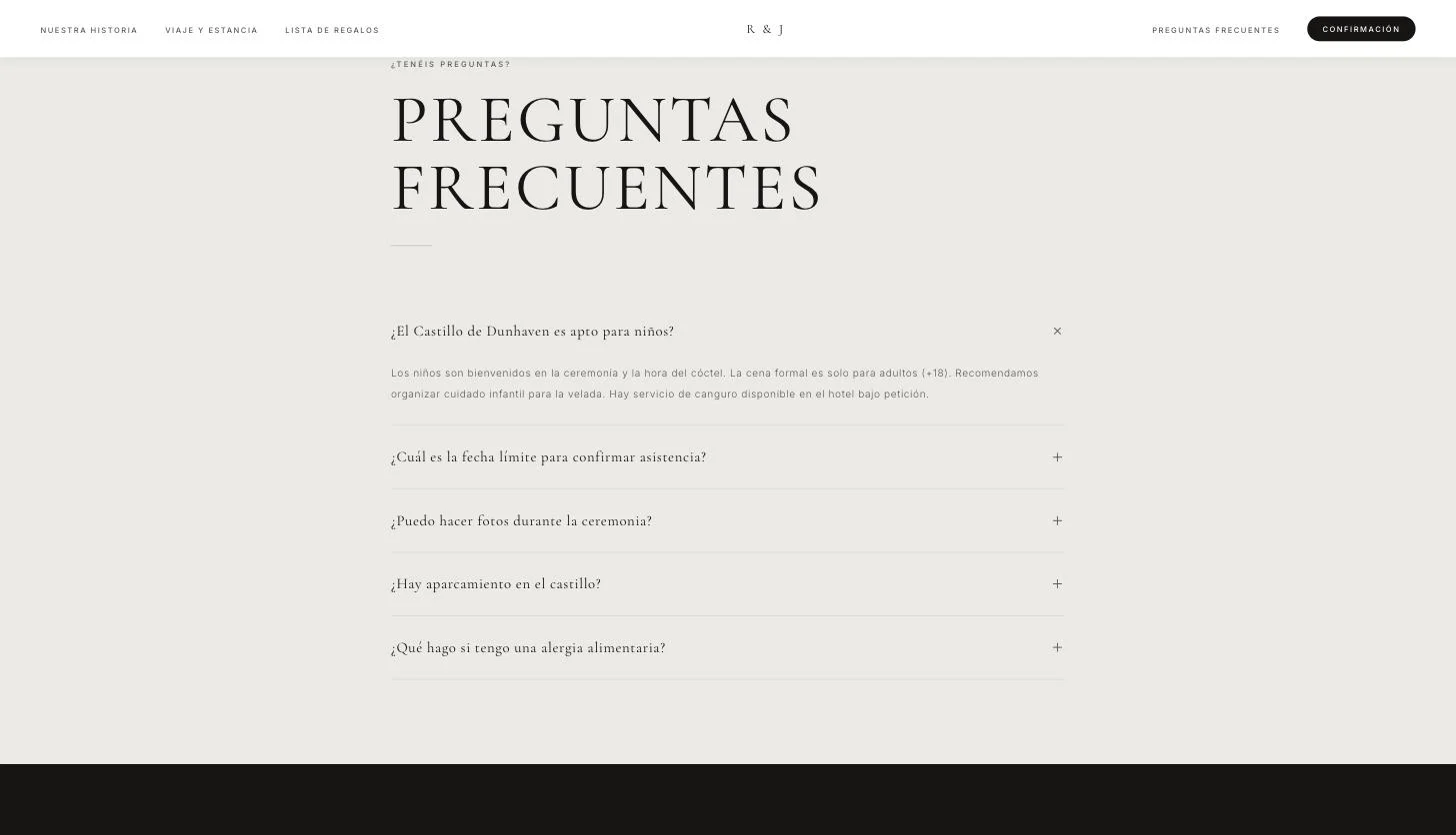 Ejemplo de textos de preguntas frecuentes en una web de boda: acordeón con la primera pregunta abierta, sobre si el castillo es apto para niños