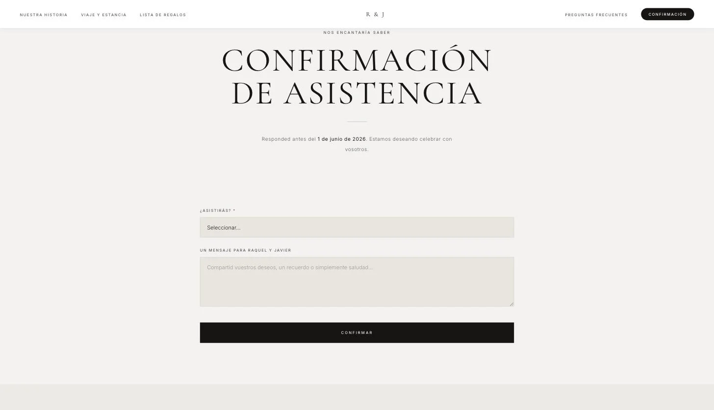 Ejemplo de texto de RSVP en una web de boda: formulario con la frase Responded antes del 1 de junio de 2026, selector de asistencia, campo de mensaje y botón confirmar