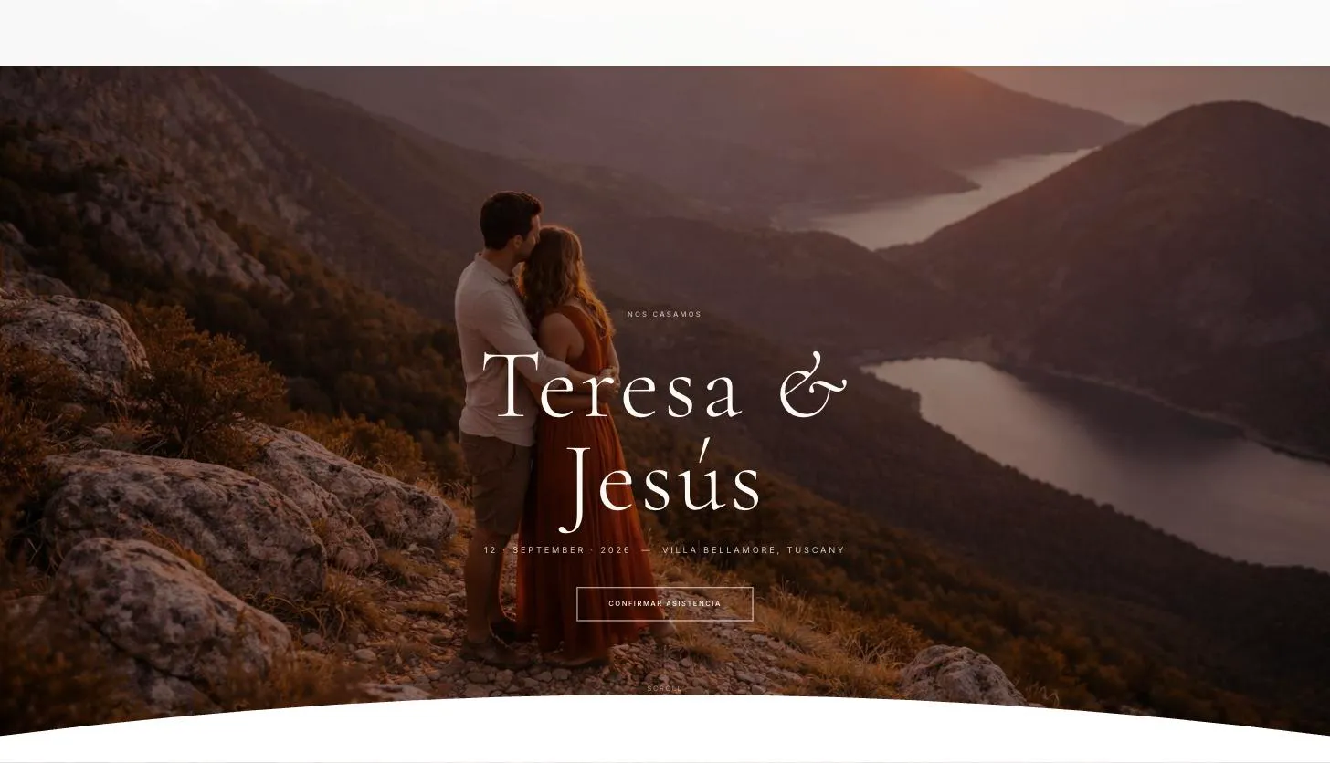Portada de una web de boda con los nombres de la pareja, la fecha y el botón de confirmar asistencia