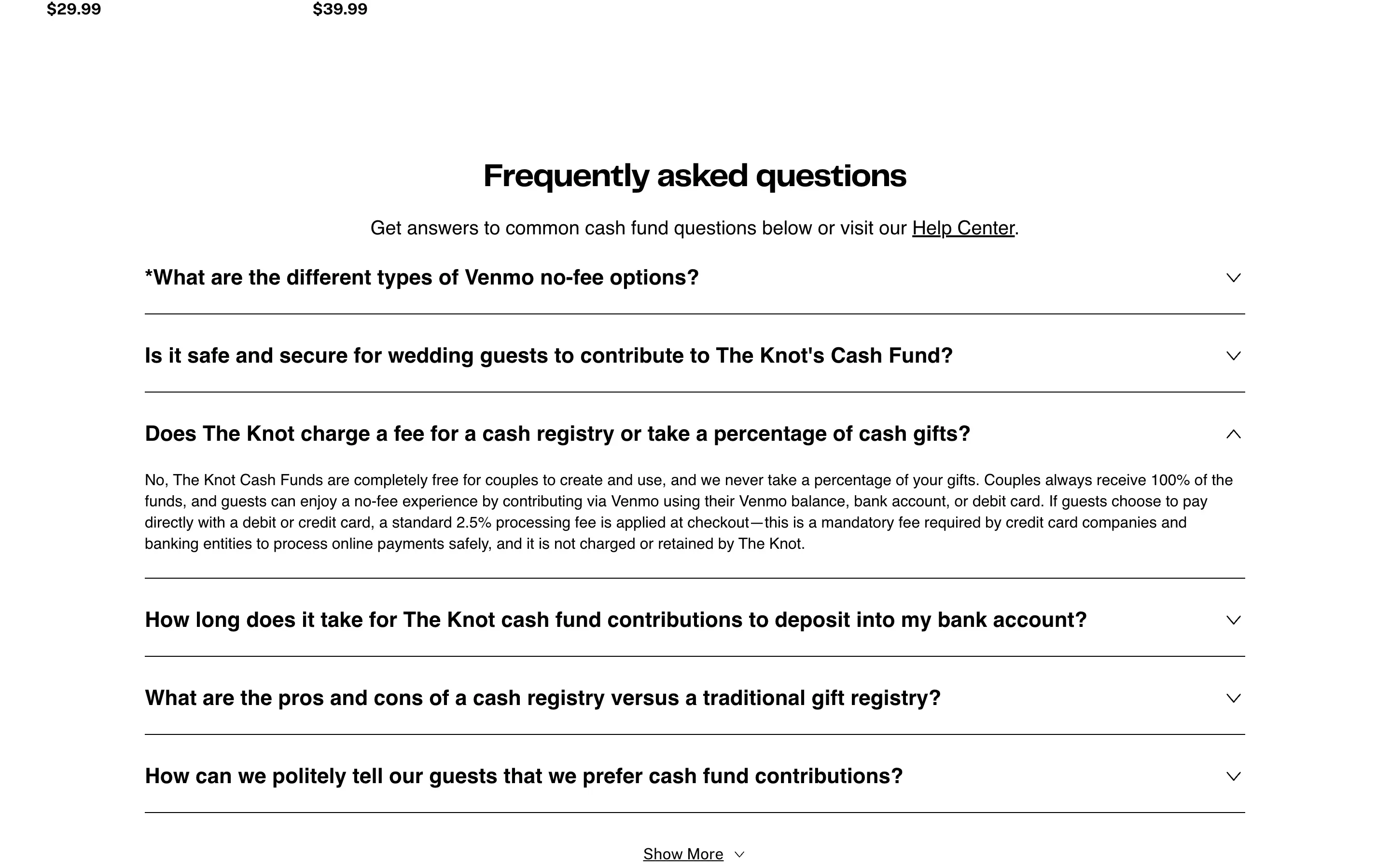 The Knot cash fund FAQ answering that cash funds are free, couples receive 100% of funds, and a standard 2.5% processing fee applies to card payments