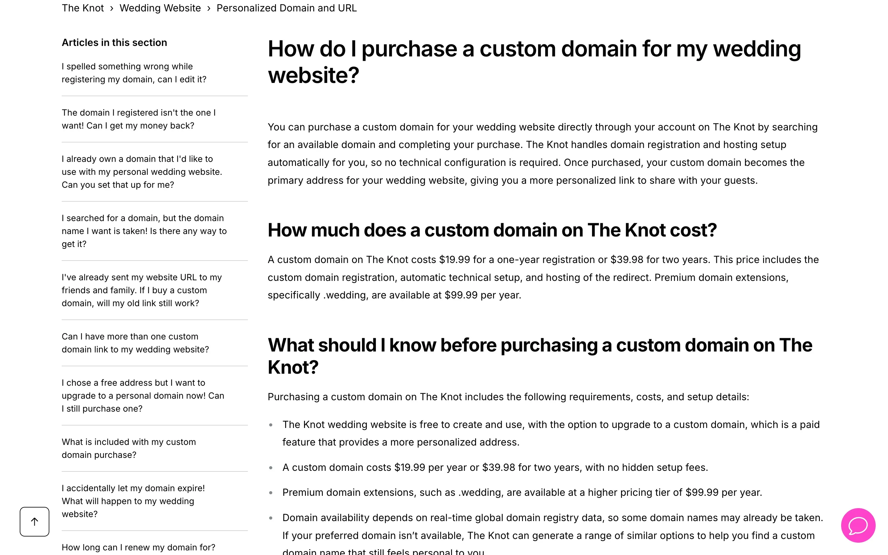 The Knot help center article stating a custom domain costs $19.99 for one year or $39.98 for two years, with .wedding extensions at $99.99 per year