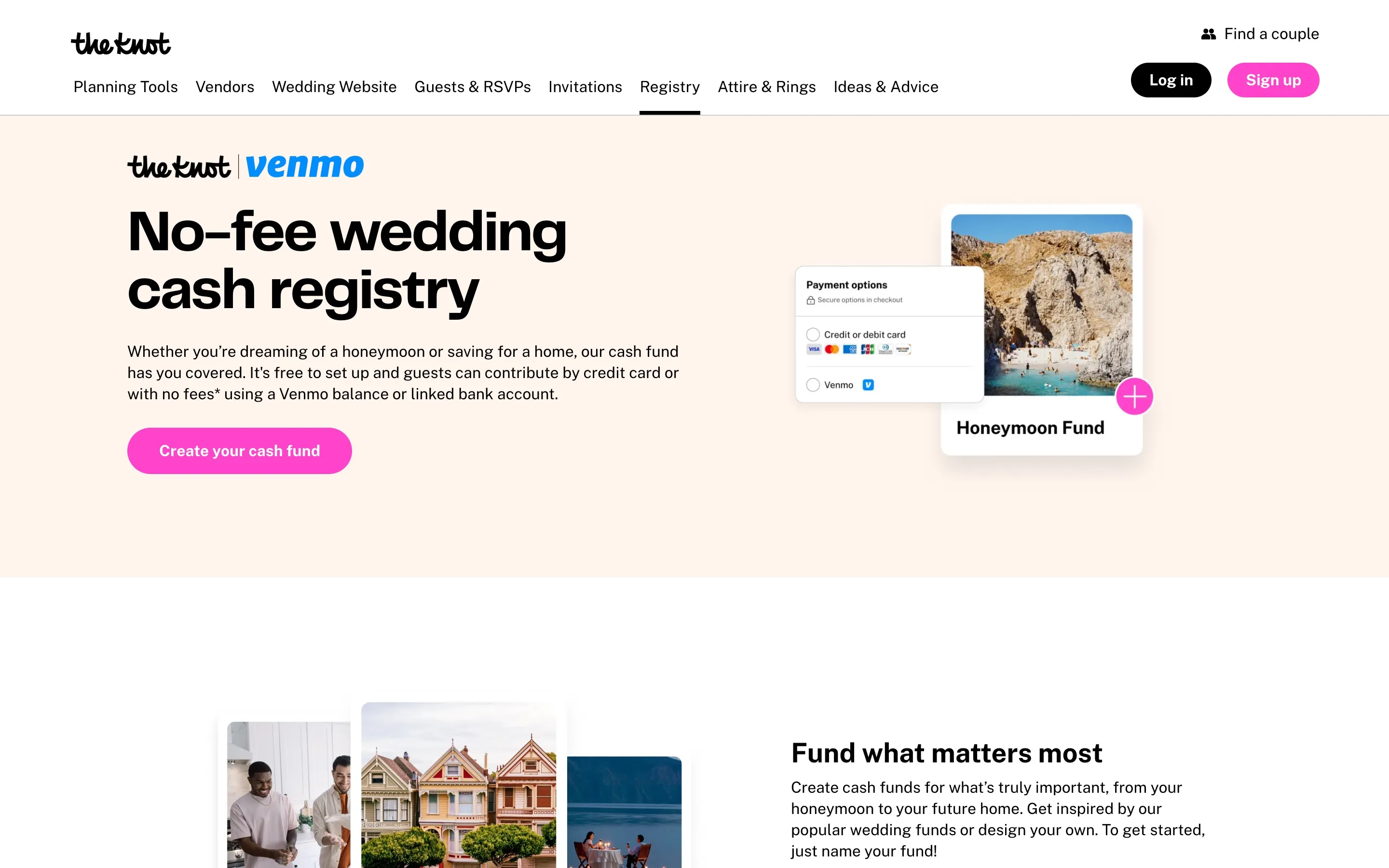 The Knot | Venmo no-fee wedding cash registry page, showing payment options of credit or debit card and Venmo on a honeymoon fund