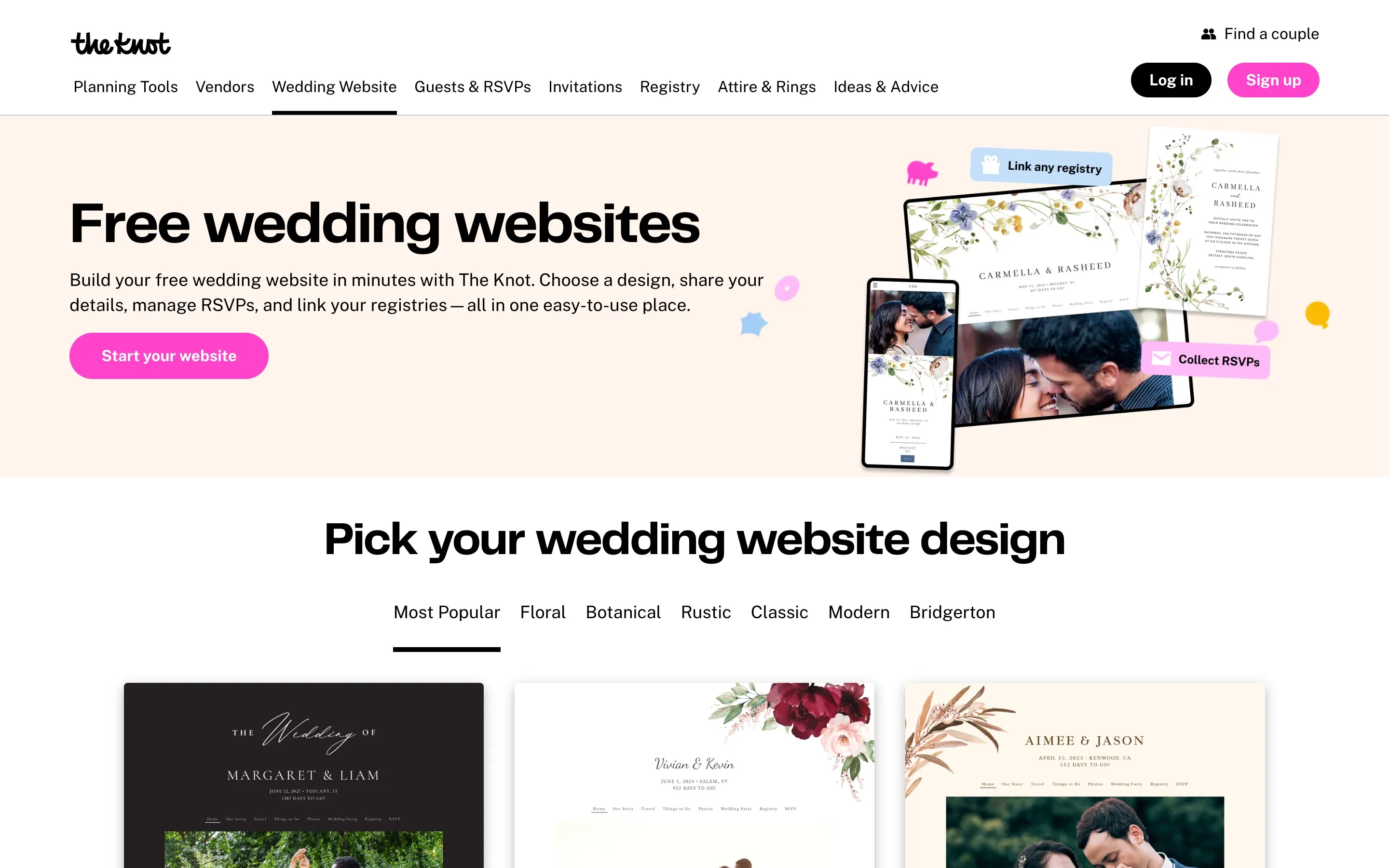 The Knot's free wedding websites page with the 'Pick your wedding website design' template categories: floral, botanical, rustic, classic, modern