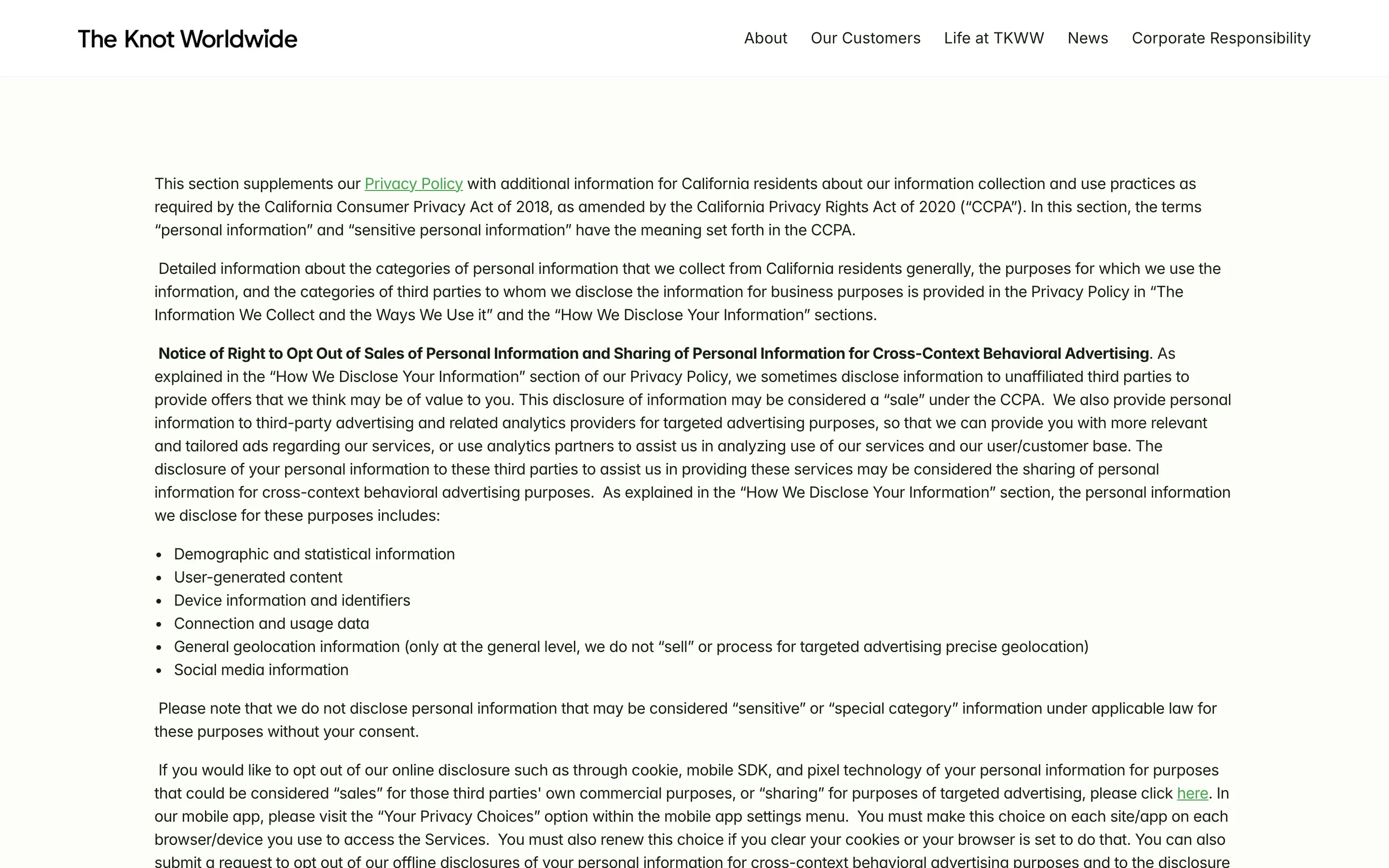 The Knot Worldwide California collection notice, including the sentence that disclosure of information may be considered a 'sale' under the CCPA