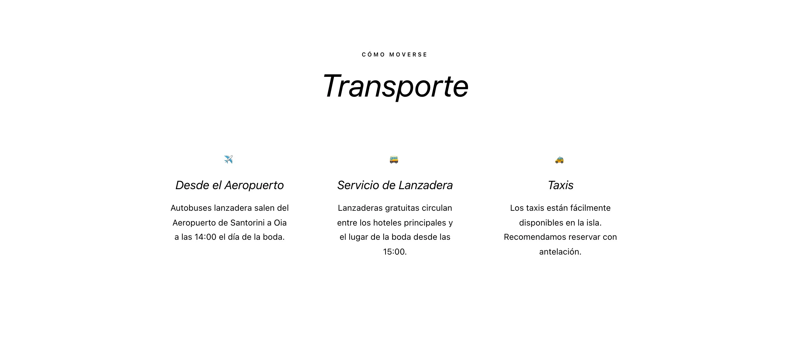 Bloque de transporte de una web de boda con tres columnas: desde el aeropuerto, servicio de lanzadera y taxis