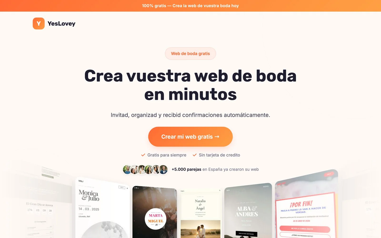 Página de YesLovey para crear una web de boda gratis, con el titular «Crea vuestra web de boda en minutos» y los avisos «Gratis para siempre» y «Sin tarjeta de crédito»