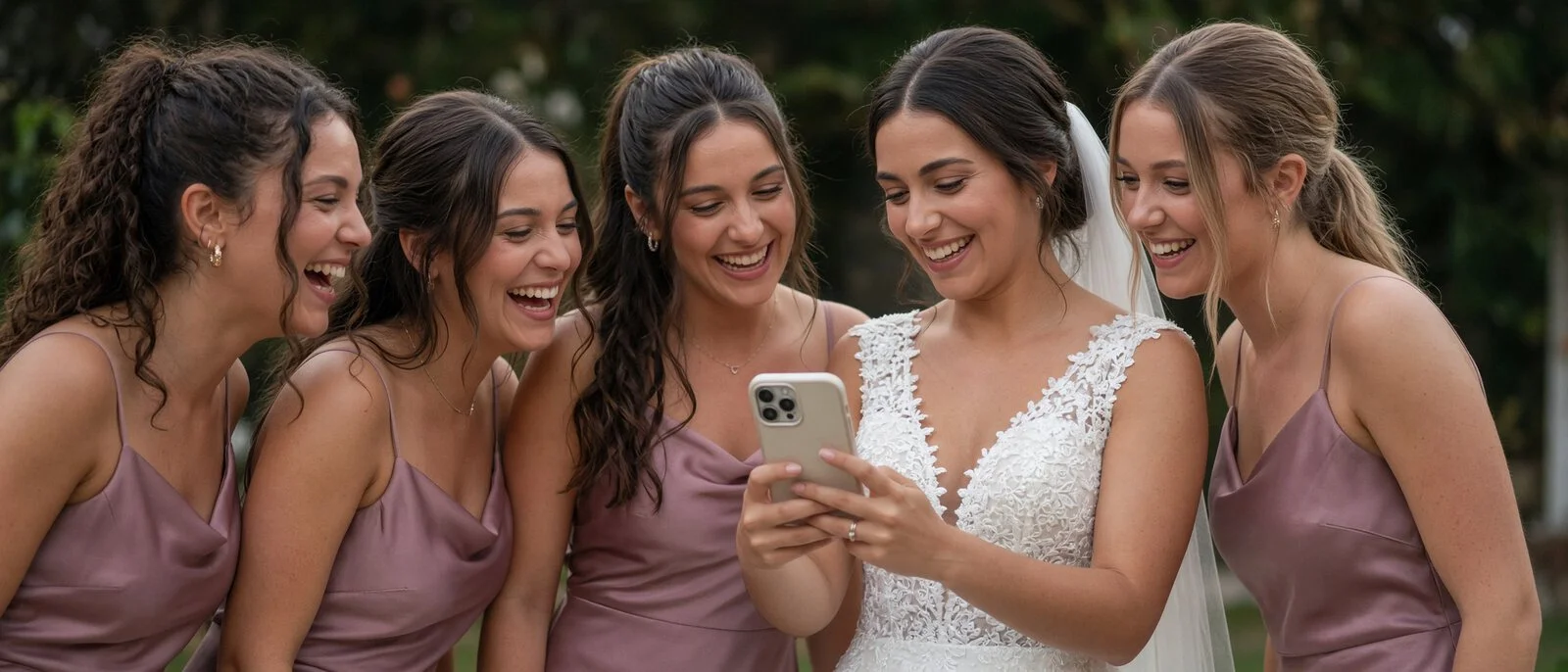 Una novia y cuatro damas de honor ríen mientras miran juntas una invitación de boda en un móvil
