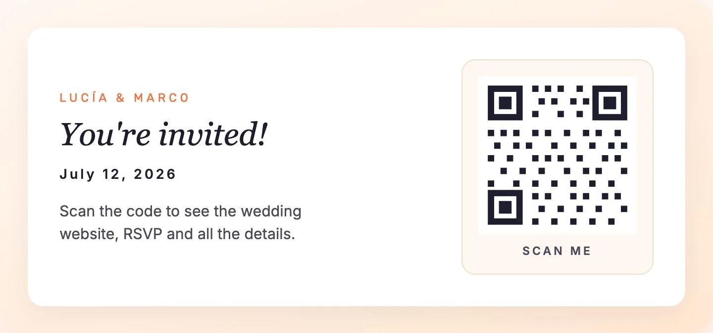 Wedding invitation card reading «You're invited!» with a QR code labelled «Scan me» that opens the wedding website to RSVP and see the details