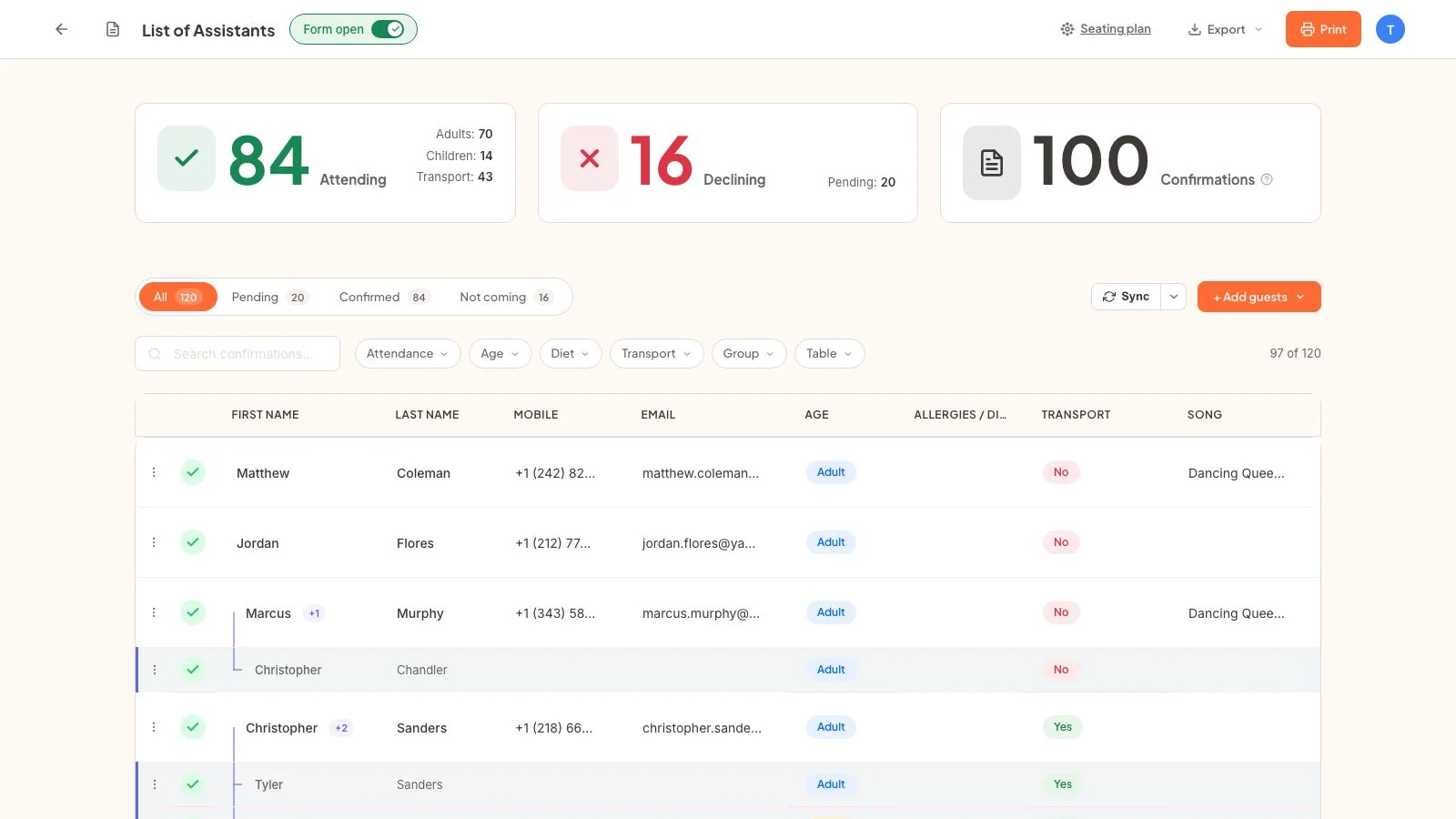 YesLovey wedding RSVP dashboard with the Form open toggle on, 84 guests attending, 16 declining, 100 confirmations and a Pending filter
