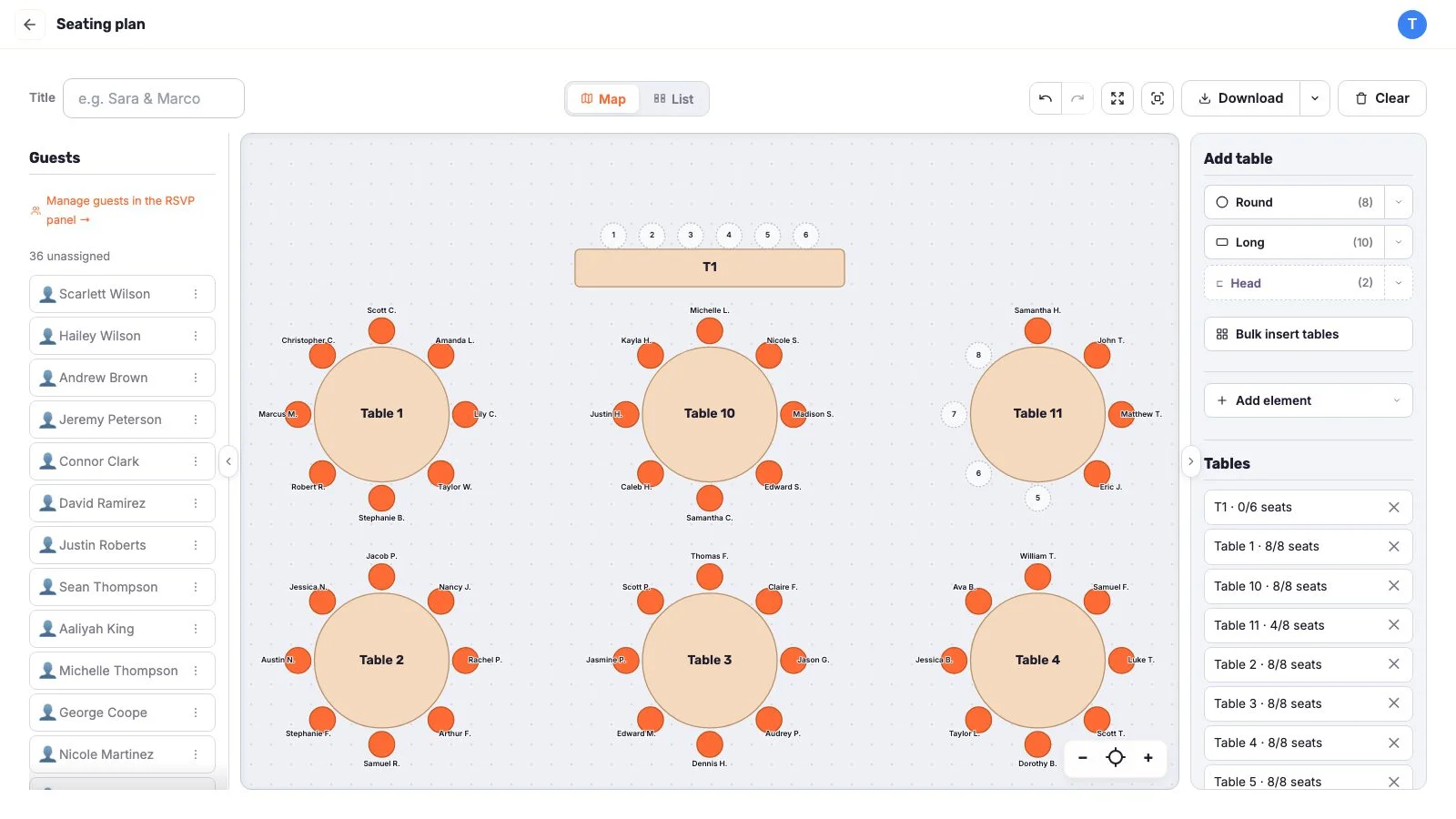 Wedding seating chart in YesLovey with a head table, round tables with guests seated and 36 unassigned guests in the list on the left
