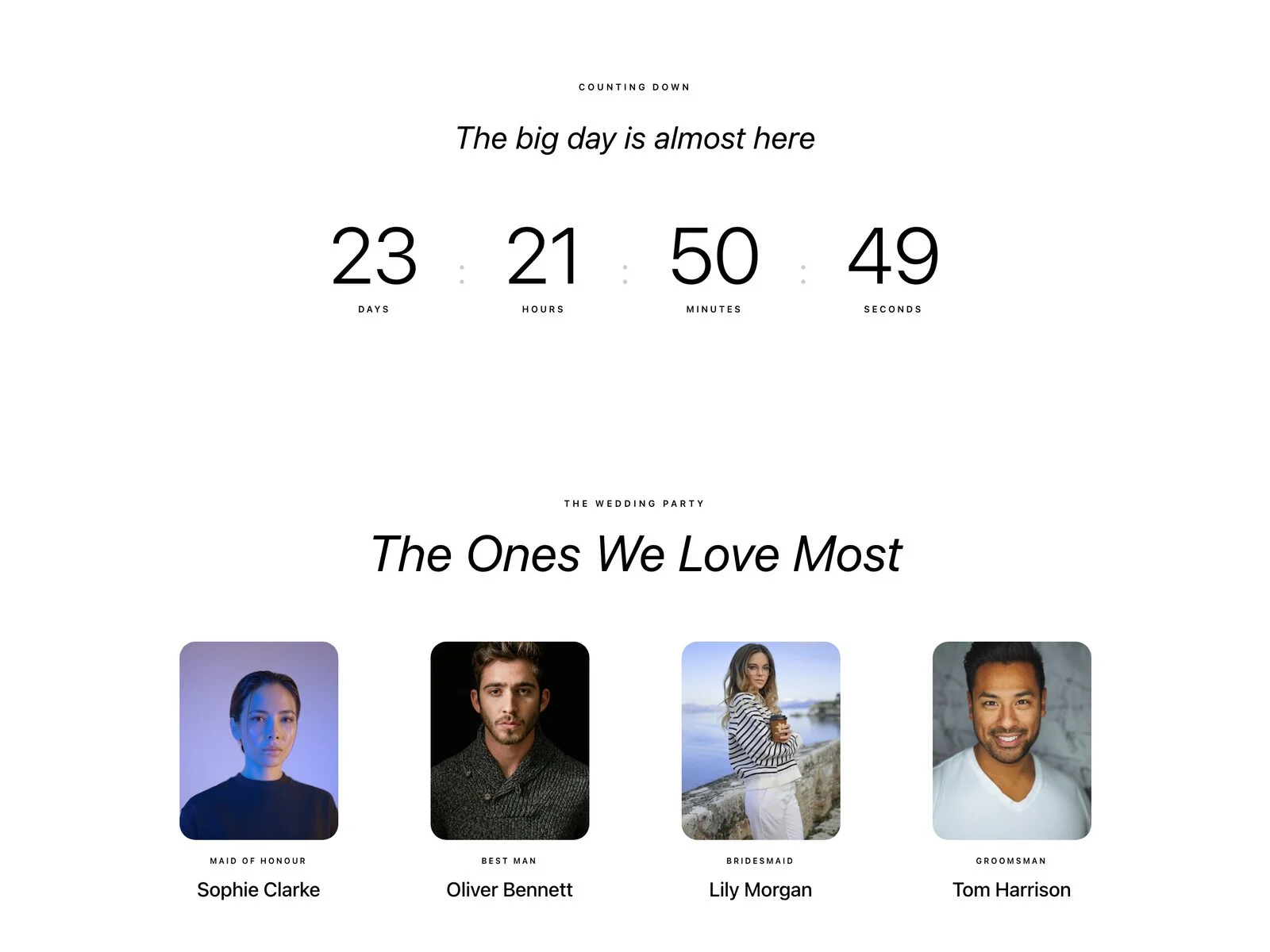 Wedding website countdown reading «The big day is almost here» with days, hours, minutes and seconds, above the wedding party section «The Ones We Love Most» with four portraits
