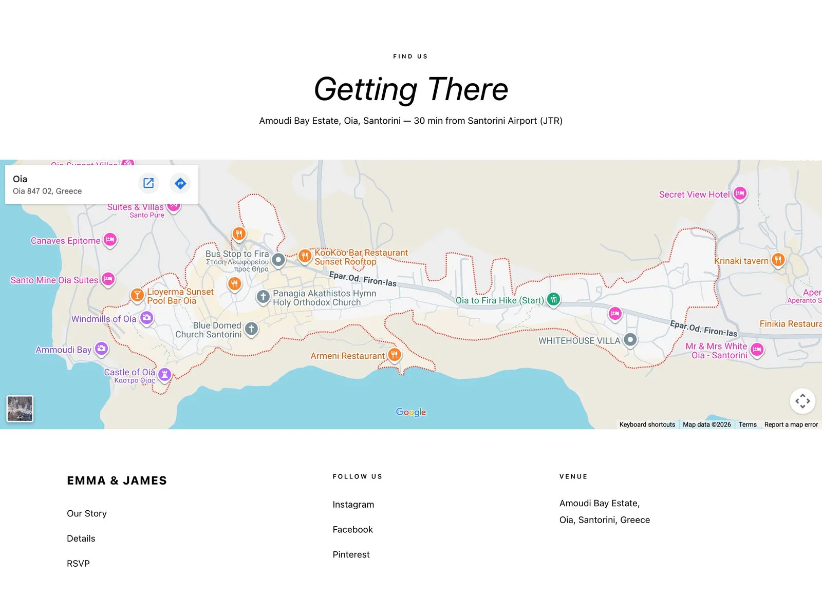 «Find us / Getting There» section of a destination wedding website, with the venue address in Oia, Santorini, the drive time from the airport and a map of nearby hotels