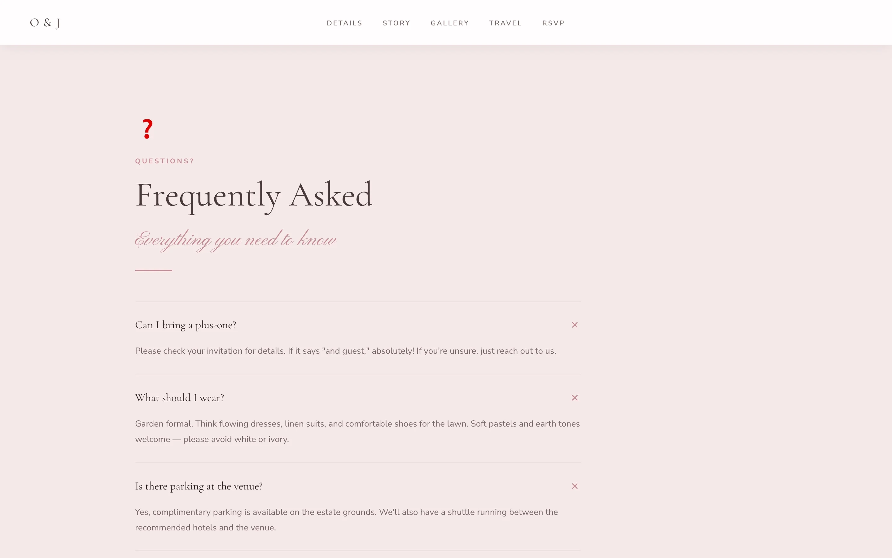 Wedding website FAQ answering What should I wear with a garden formal dress code, plus questions about plus-ones and parking