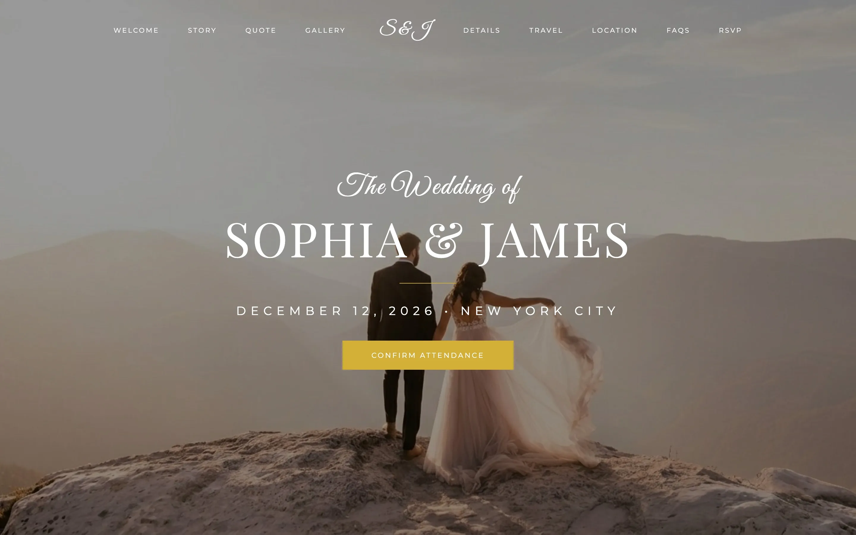 Classic elegant wedding website example with 'The Wedding of Sophia & James' in white script and serif type over a soft mountain photo