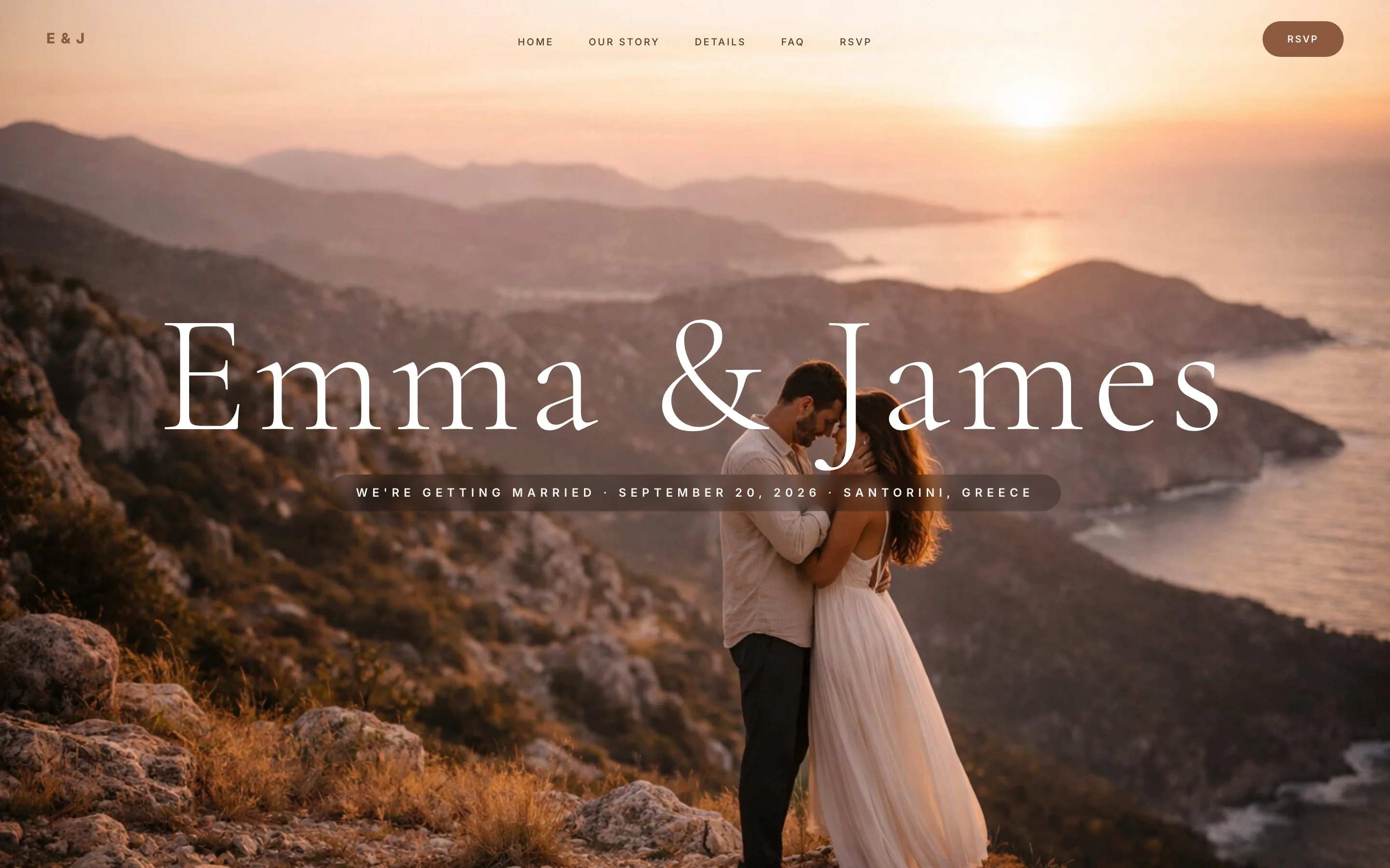 Destination wedding website example for a Santorini, Greece wedding with a sunset coastal photo, the names Emma & James and an RSVP button