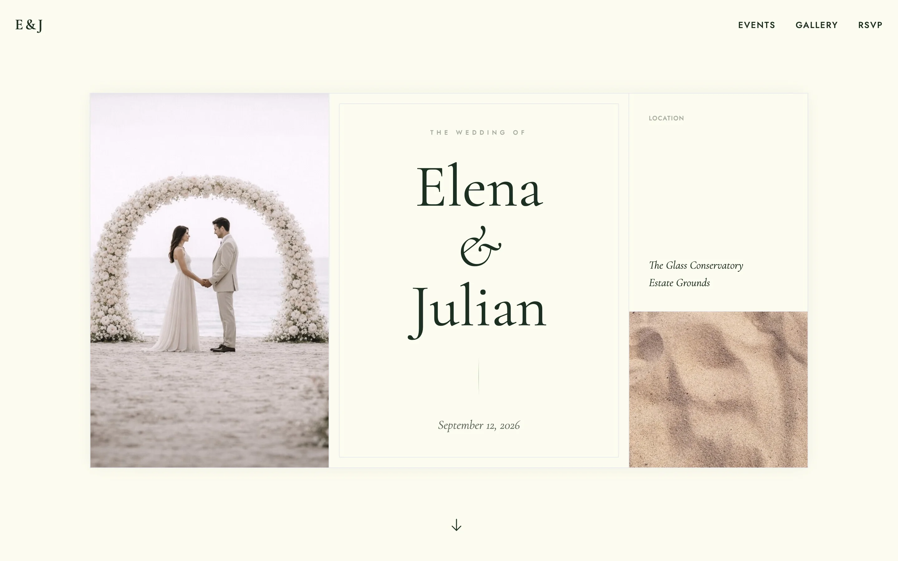 Elegant wedding website example styled like a printed invitation, with cream panels, green serif type reading Elena & Julian and a beach ceremony photo