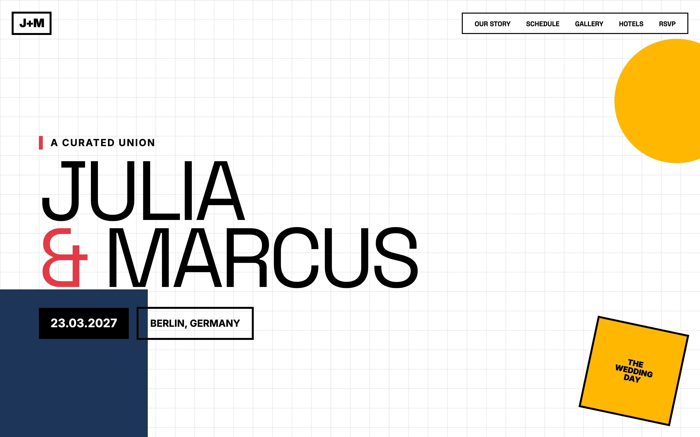 Minimalist graphic wedding website example with Julia & Marcus in bold black type on a white grid with yellow and navy accent shapes