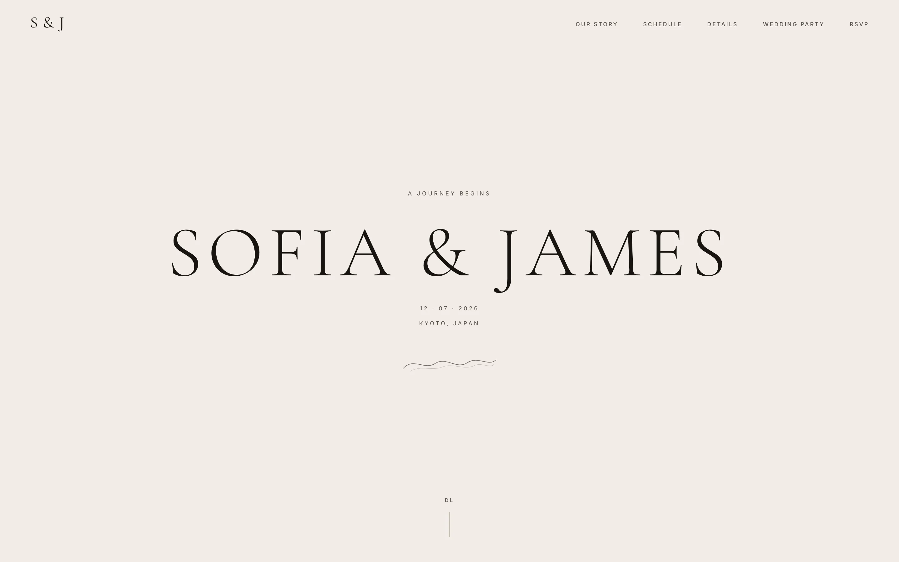 Minimalist wedding website example with the names Sofia & James in thin serif capitals on a plain cream background