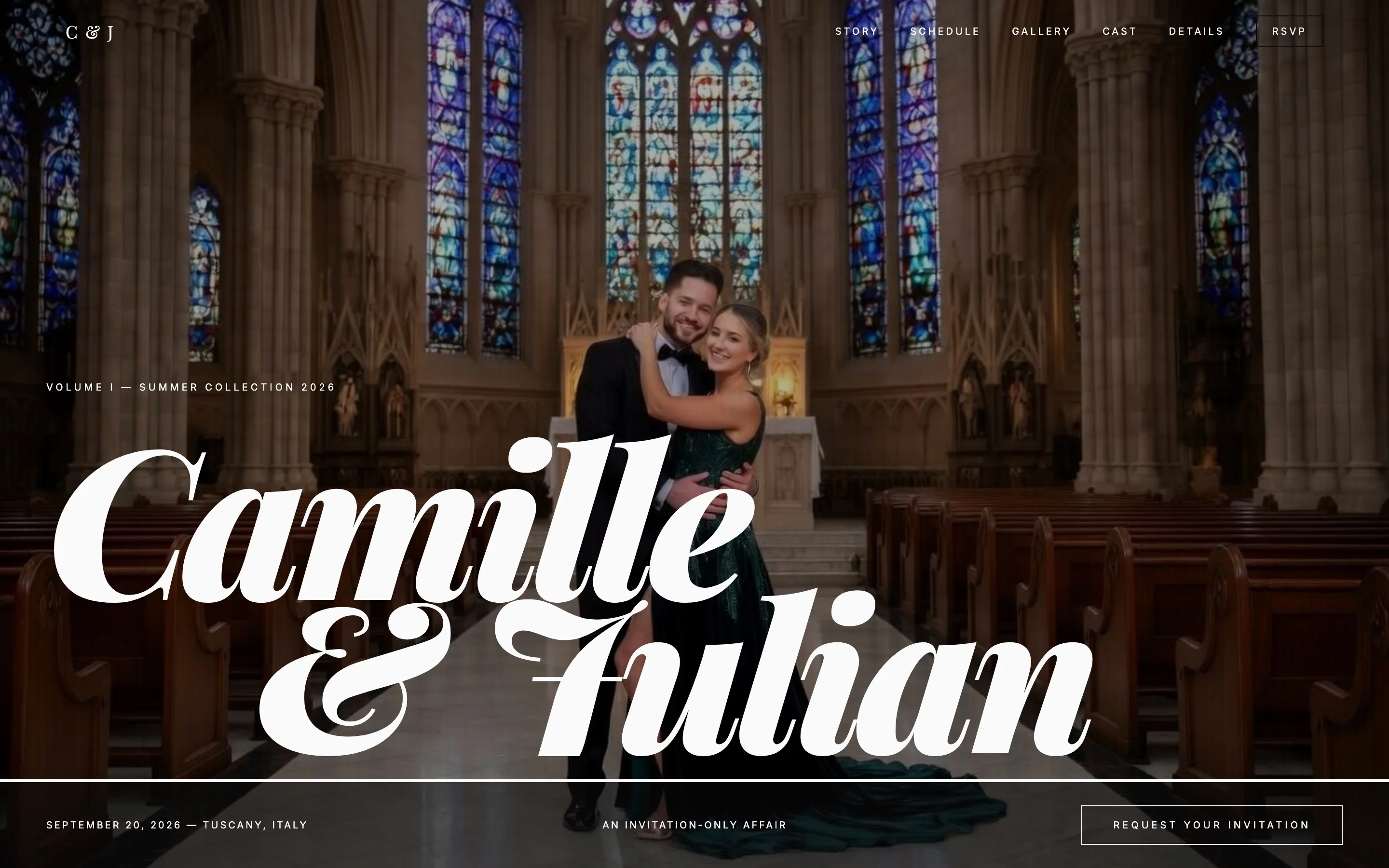 Modern editorial wedding website example with Camille & Julian in oversized script over a cathedral photo, styled like a magazine cover