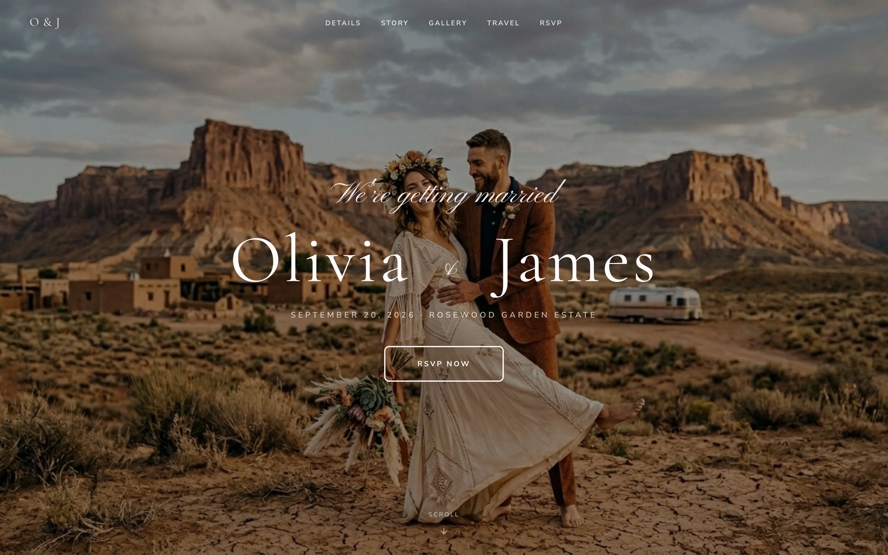 Photo-first wedding website example with a full-screen desert photo of the couple and Olivia & James in white serif over the image