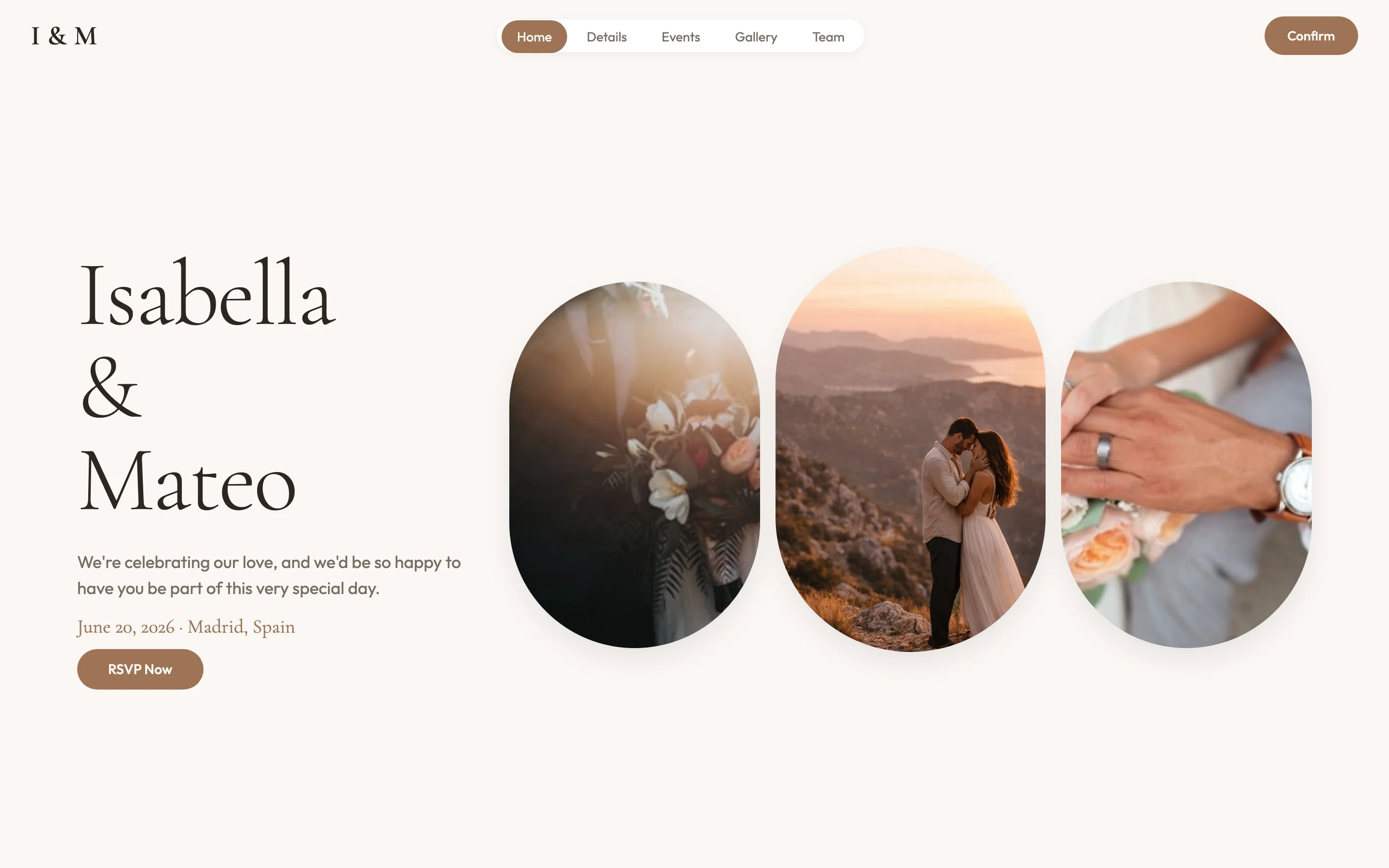 Romantic wedding website example with Isabella & Mateo in a soft serif next to three arch-shaped photos in warm sunset tones