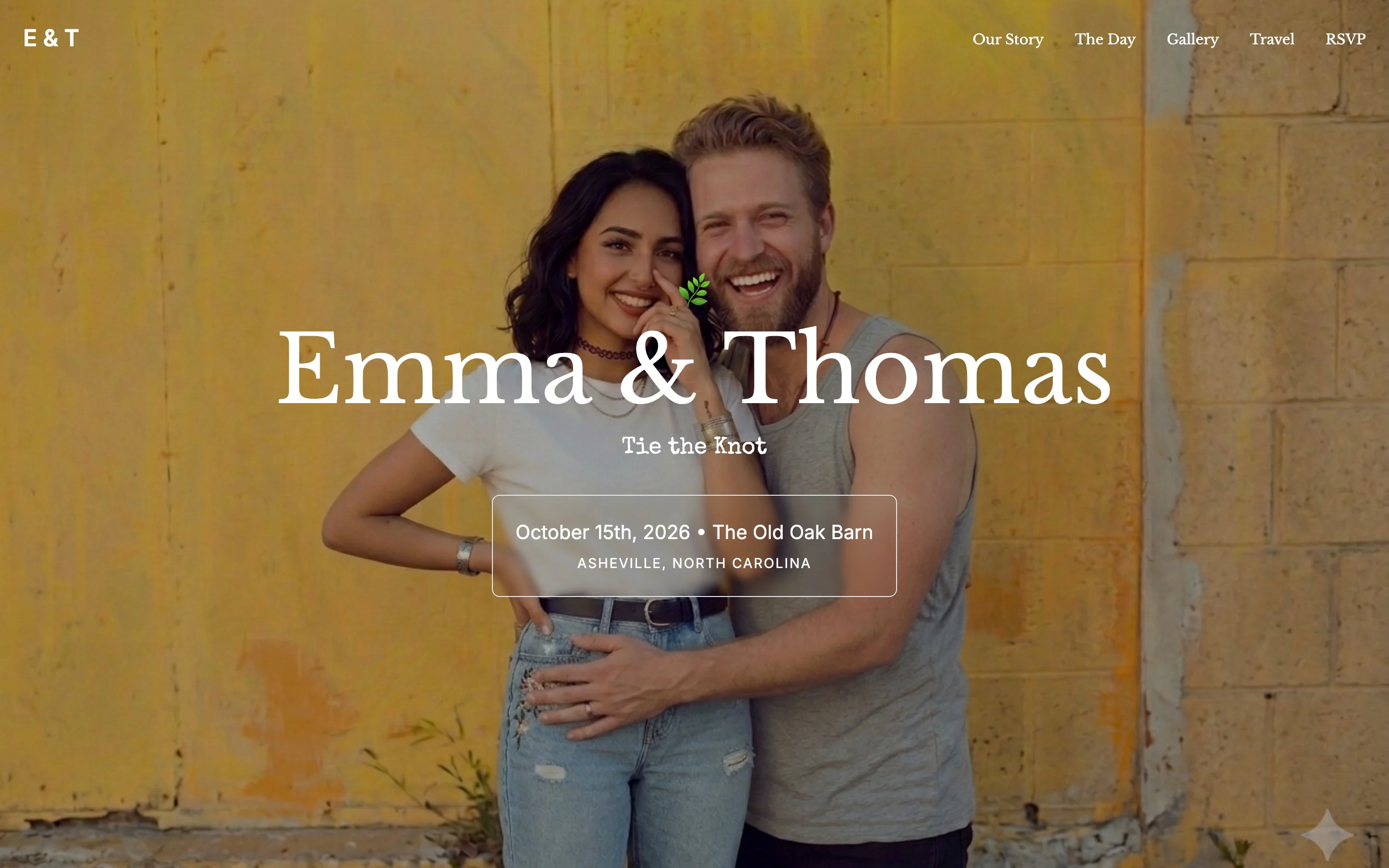 Rustic wedding website example with Emma & Thomas in white serif over a photo of the couple against a yellow barn wall, dated at The Old Oak Barn