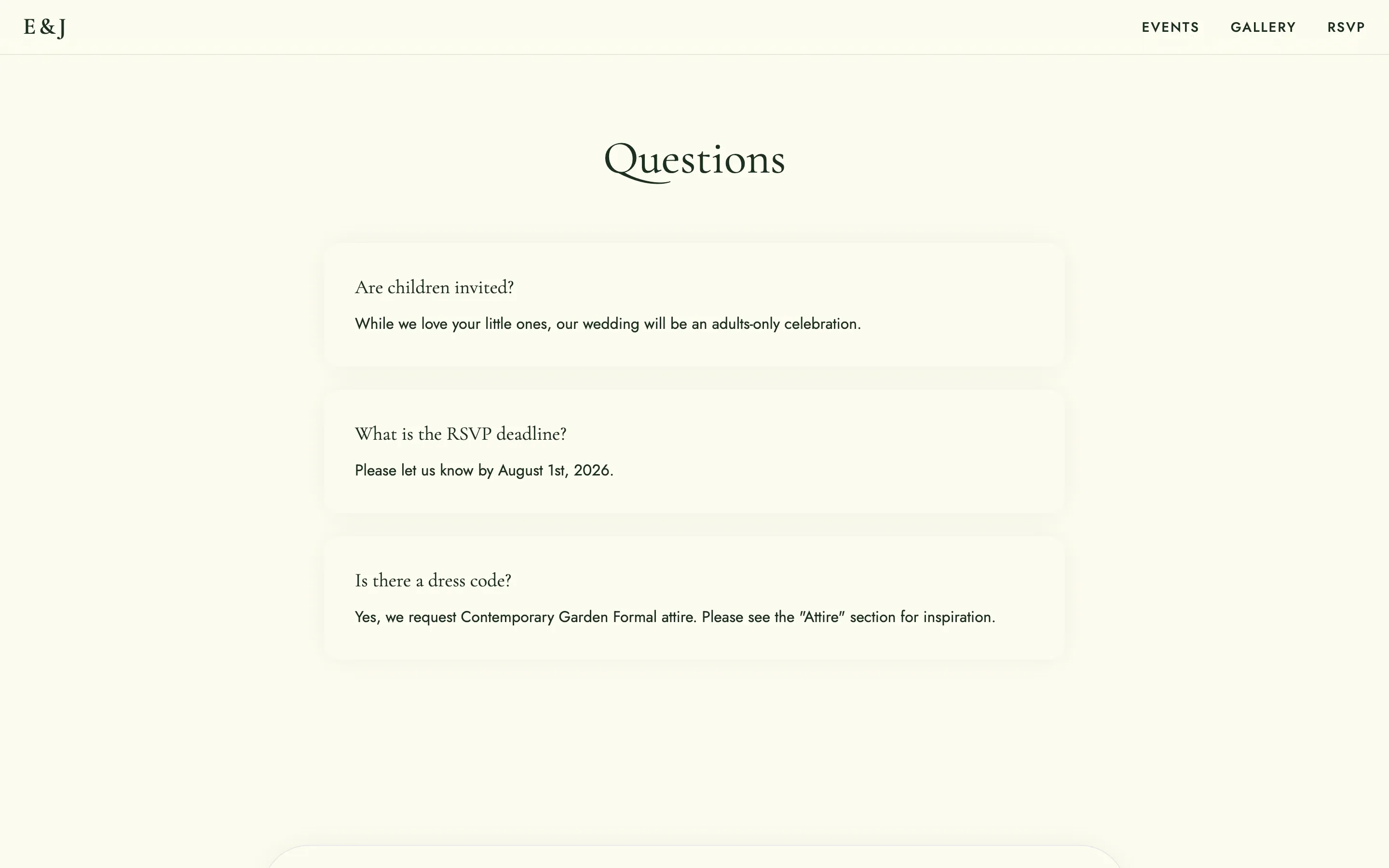 Wedding website FAQ section with example questions about children, RSVP deadline and dress code, each with a short answer