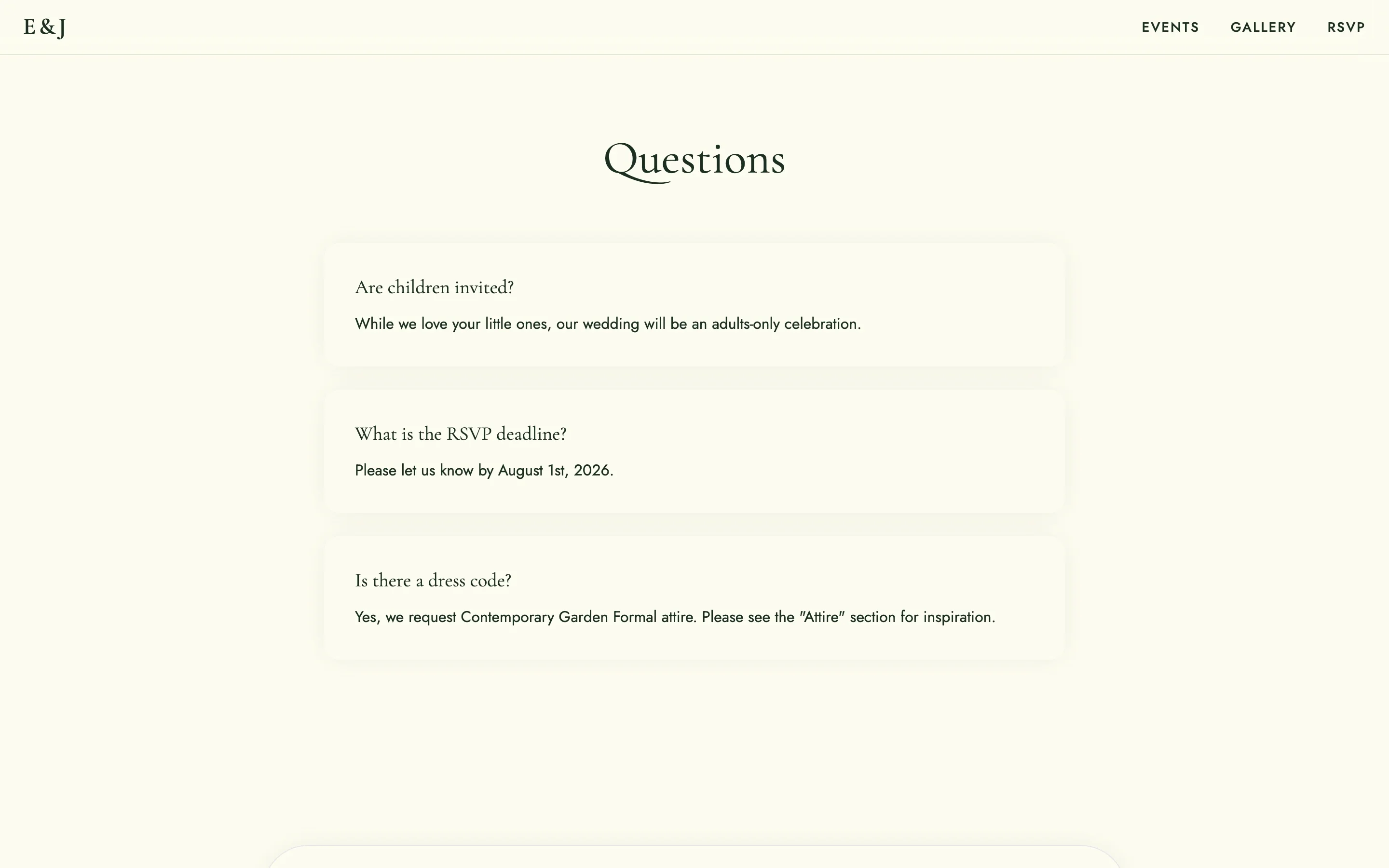Wedding website FAQ section with example questions about children, RSVP deadline and dress code, each with a short answer