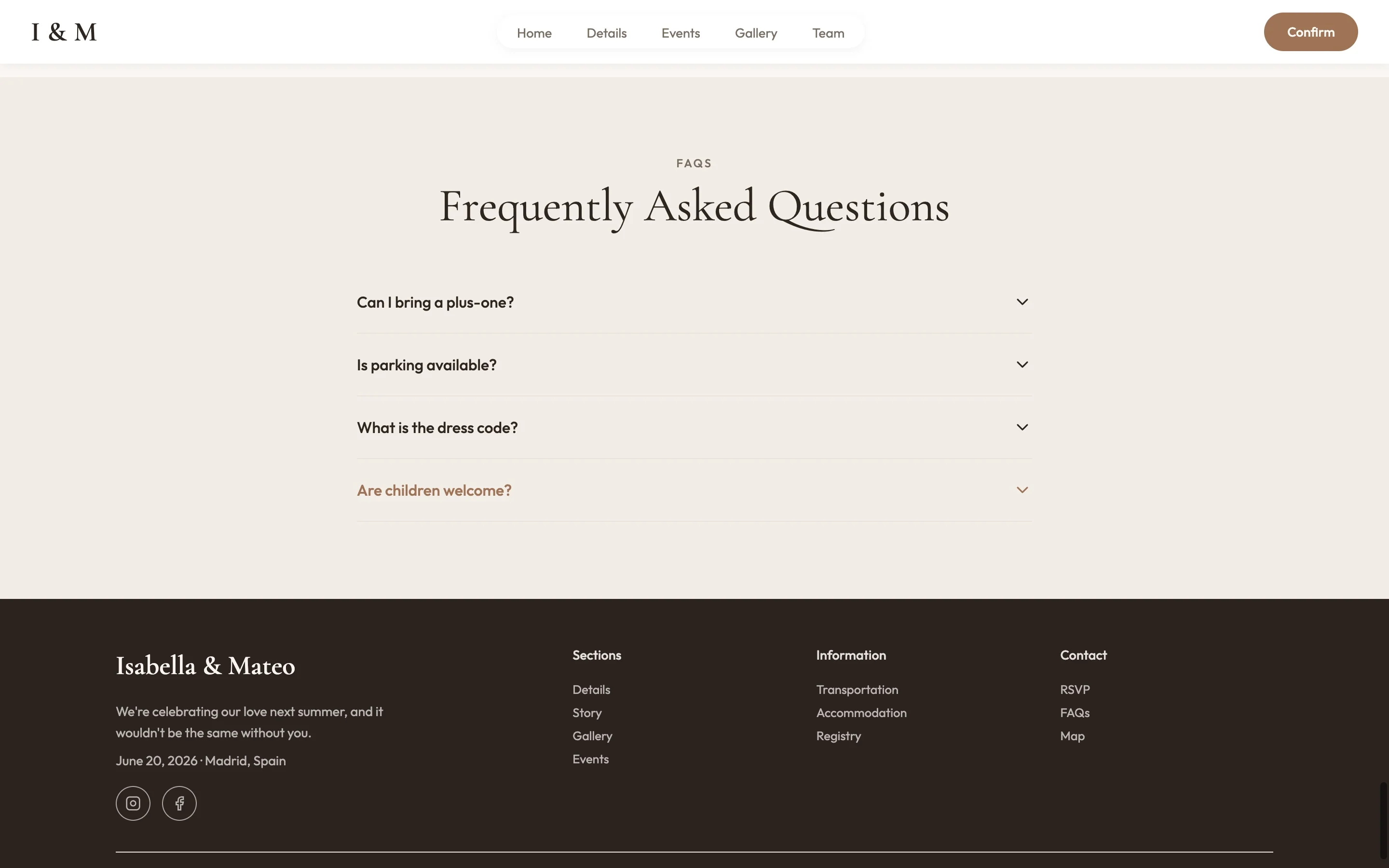 Wedding website FAQ page with a short scannable list of collapsed questions about plus-ones, parking, dress code and children
