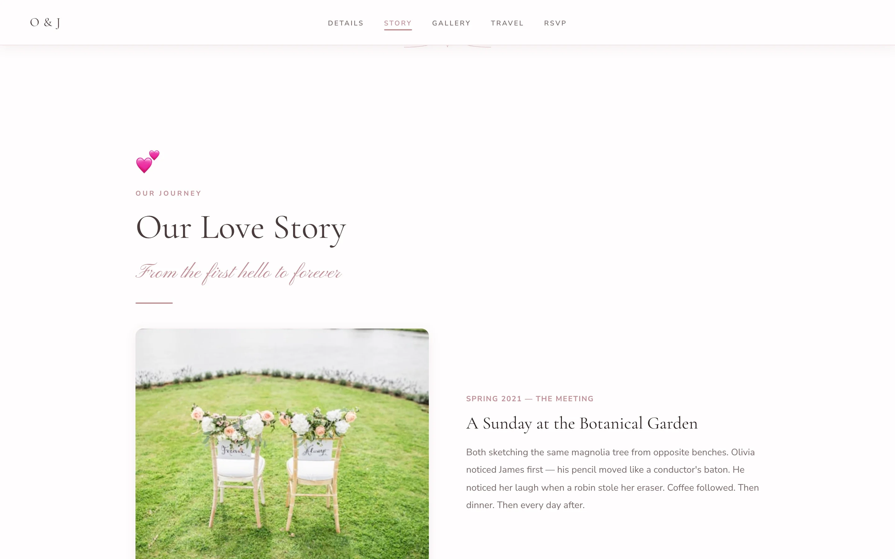 Our Love Story section of a wedding website with a timeline entry describing how the couple met at a botanical garden