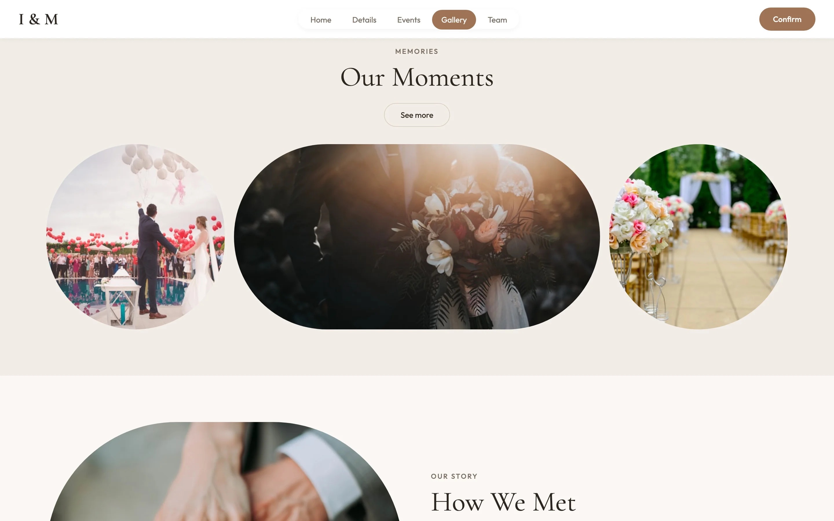 Photo gallery section of a wedding website titled Our Moments, showing ceremony and celebration photos guests can browse