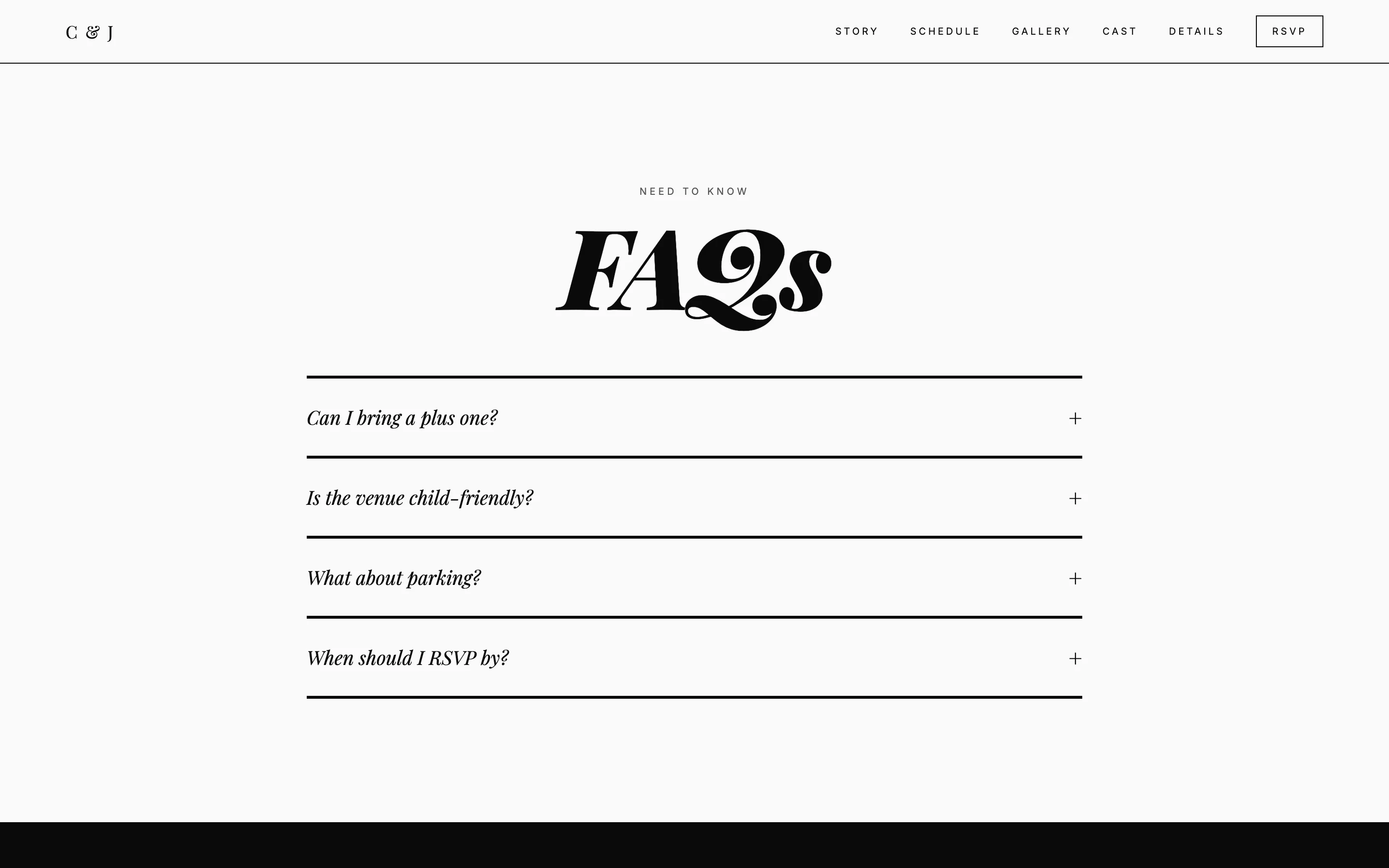 Wedding website FAQ list with questions about bringing a plus one, a child-friendly venue, parking and the RSVP deadline