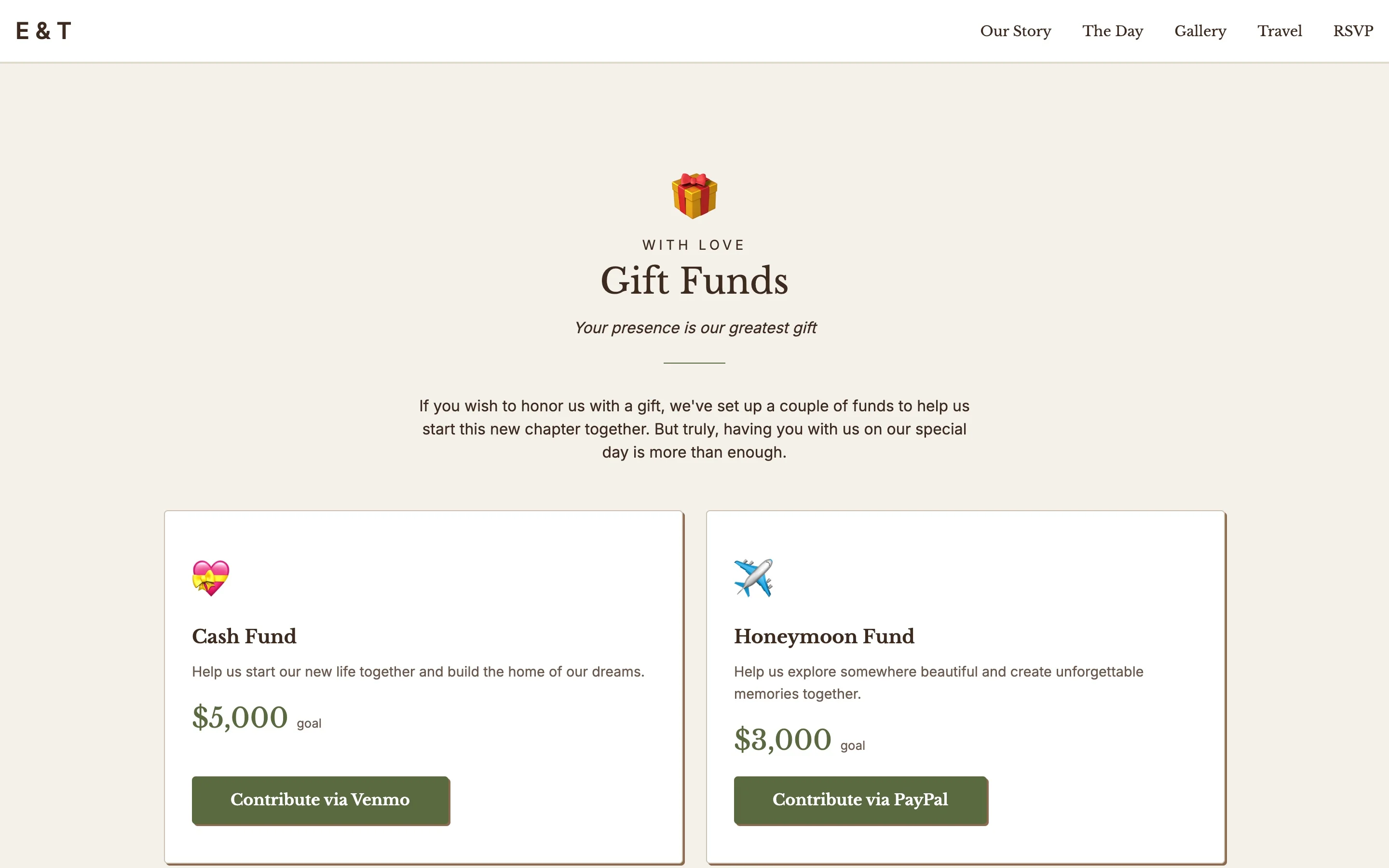 Wedding website gift funds section with a cash fund and a honeymoon fund, each with a goal and a contribute button