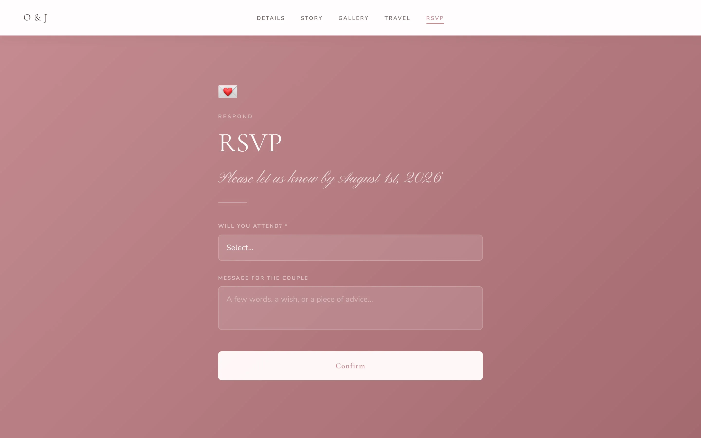 Wedding website RSVP form with a Will you attend field, a message box for the couple and a confirm button