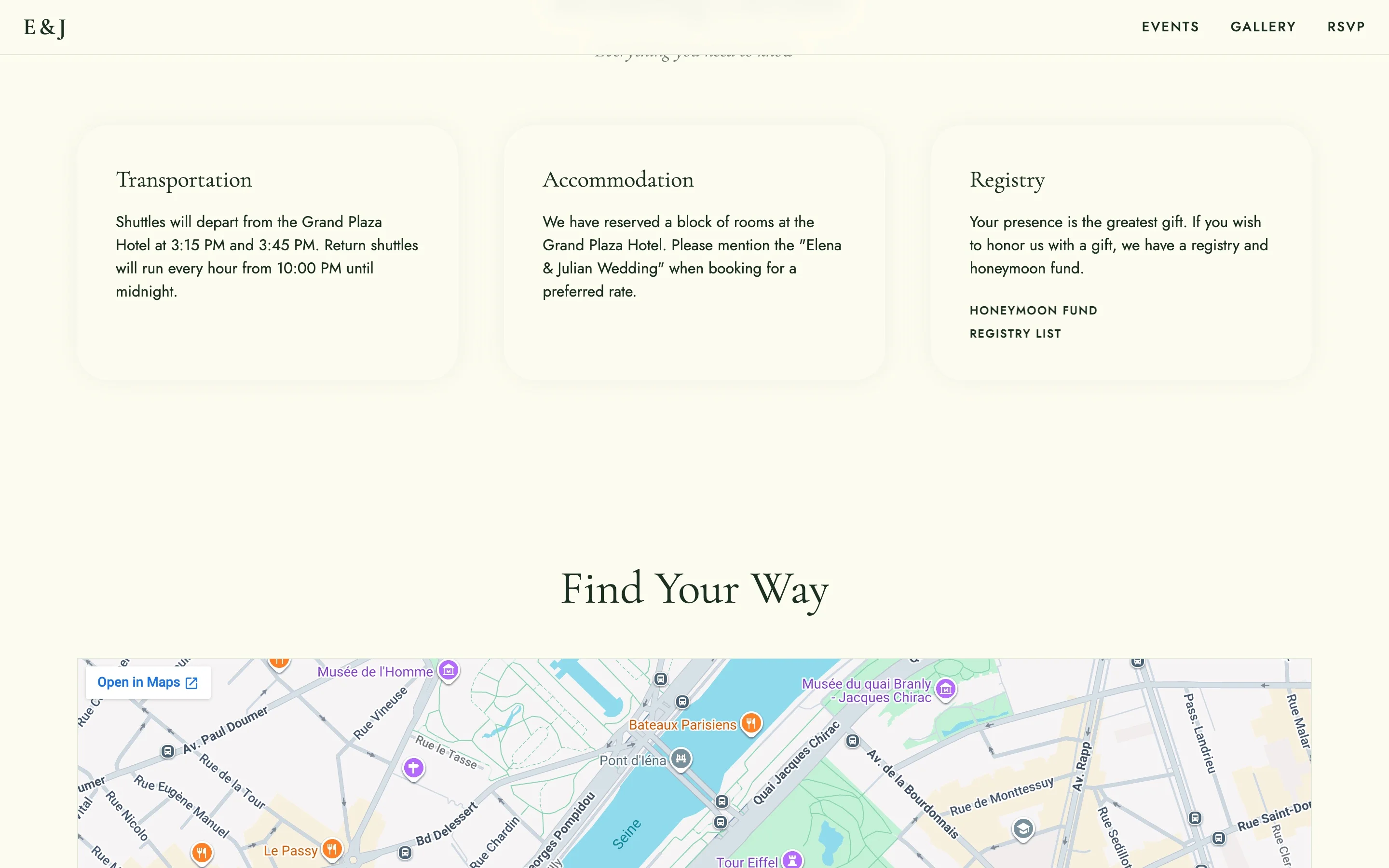 Wedding website travel section with transportation, accommodation and registry cards next to a venue map