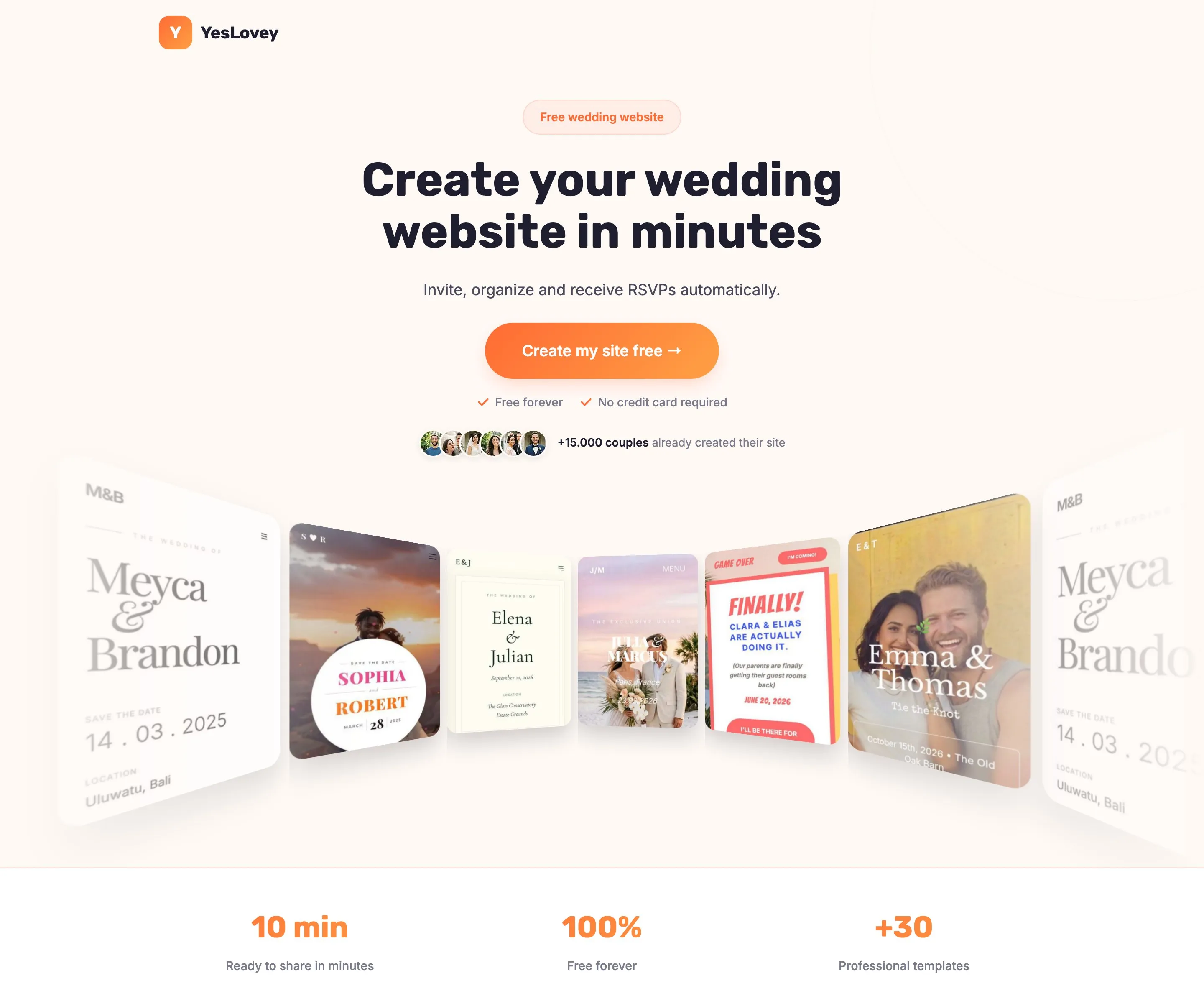 YesLovey's landing page: 'Create your wedding website in minutes' above a carousel of wedding site designs, with 10 min, 100% free forever and +30 professional templates
