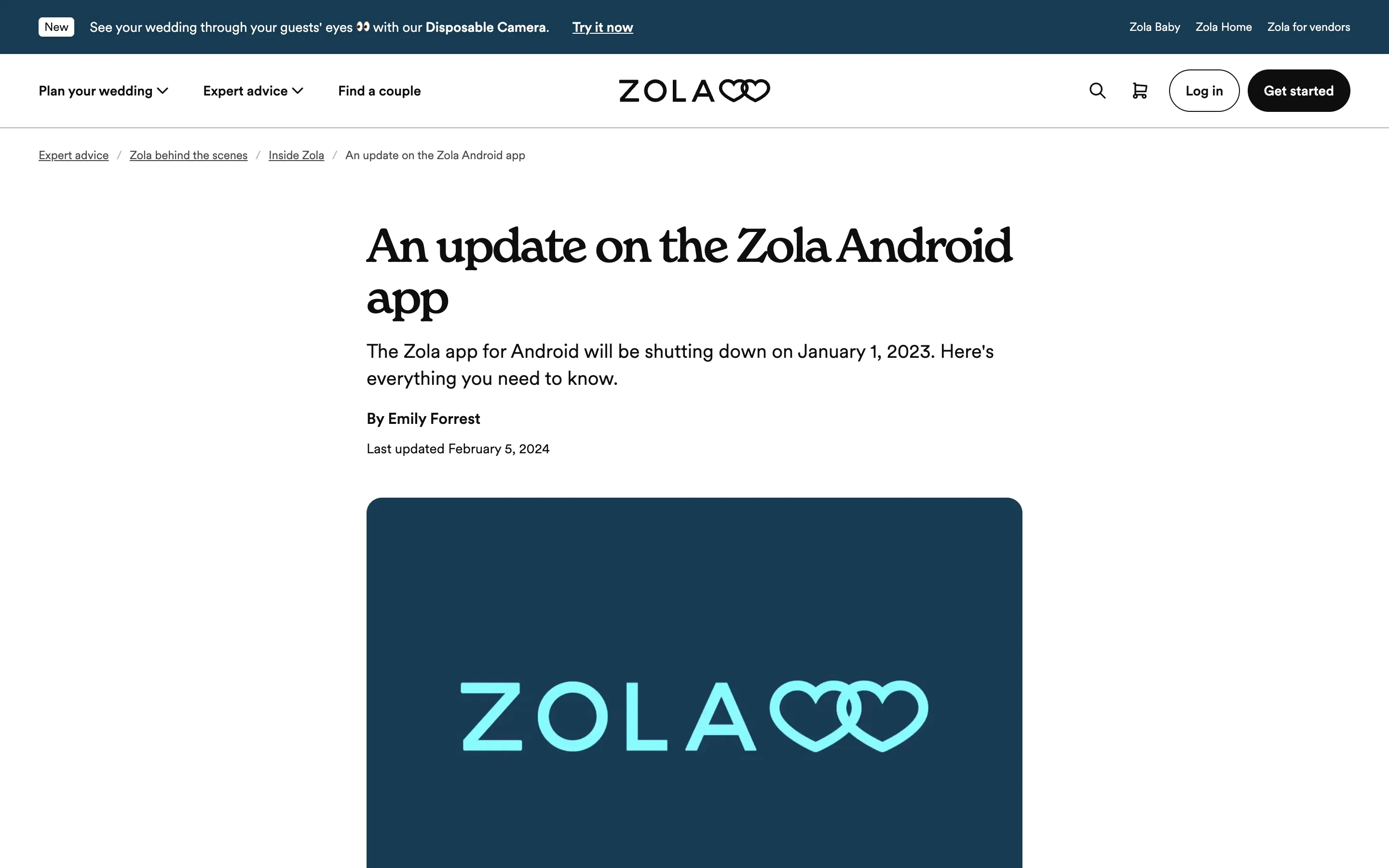 Zola's article 'An update on the Zola Android app' announcing the Android app shut down on January 1, 2023