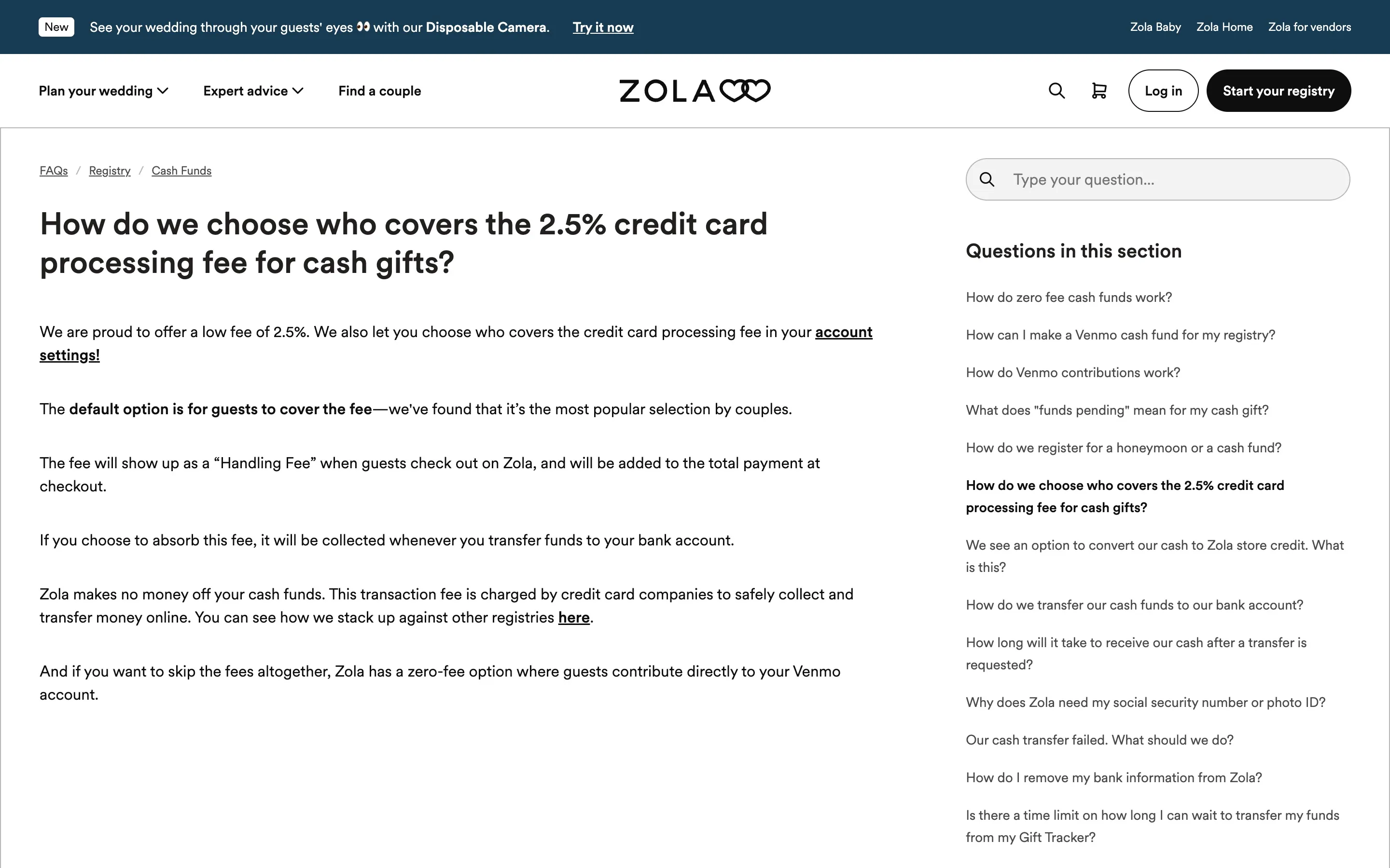 Zola FAQ titled 'How do we choose who covers the 2.5% credit card processing fee for cash gifts?', explaining guests cover the fee by default as a Handling Fee