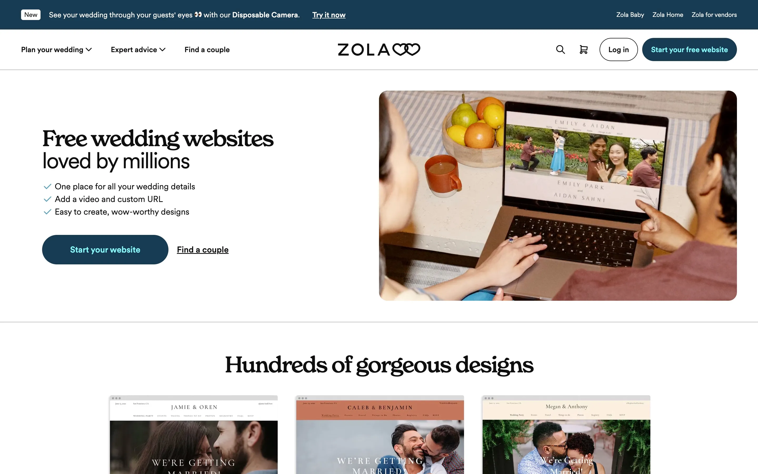 Zola's free wedding websites landing page, with a couple reviewing their wedding site on a laptop