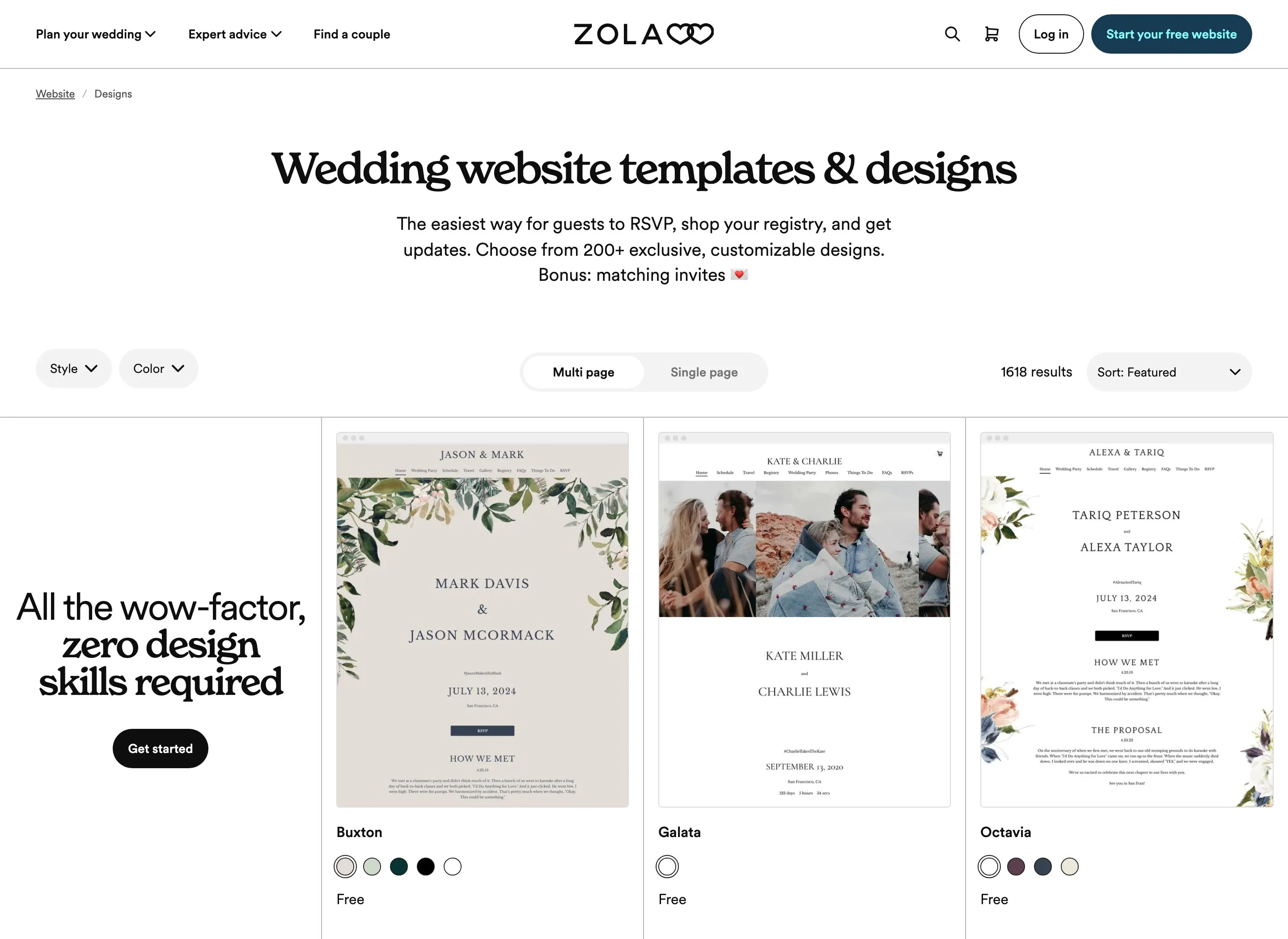 Zola's wedding website template gallery, showing the Buxton, Galata and Octavia designs side by side, each marked Free