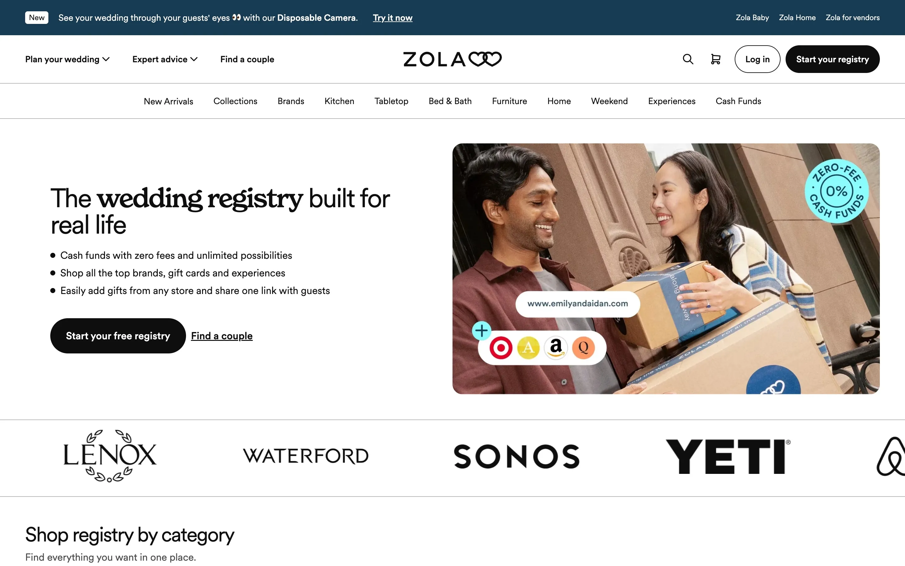 Zola wedding registry page with a 'Zero-fee 0% cash funds' badge and the bullet 'Cash funds with zero fees and unlimited possibilities'