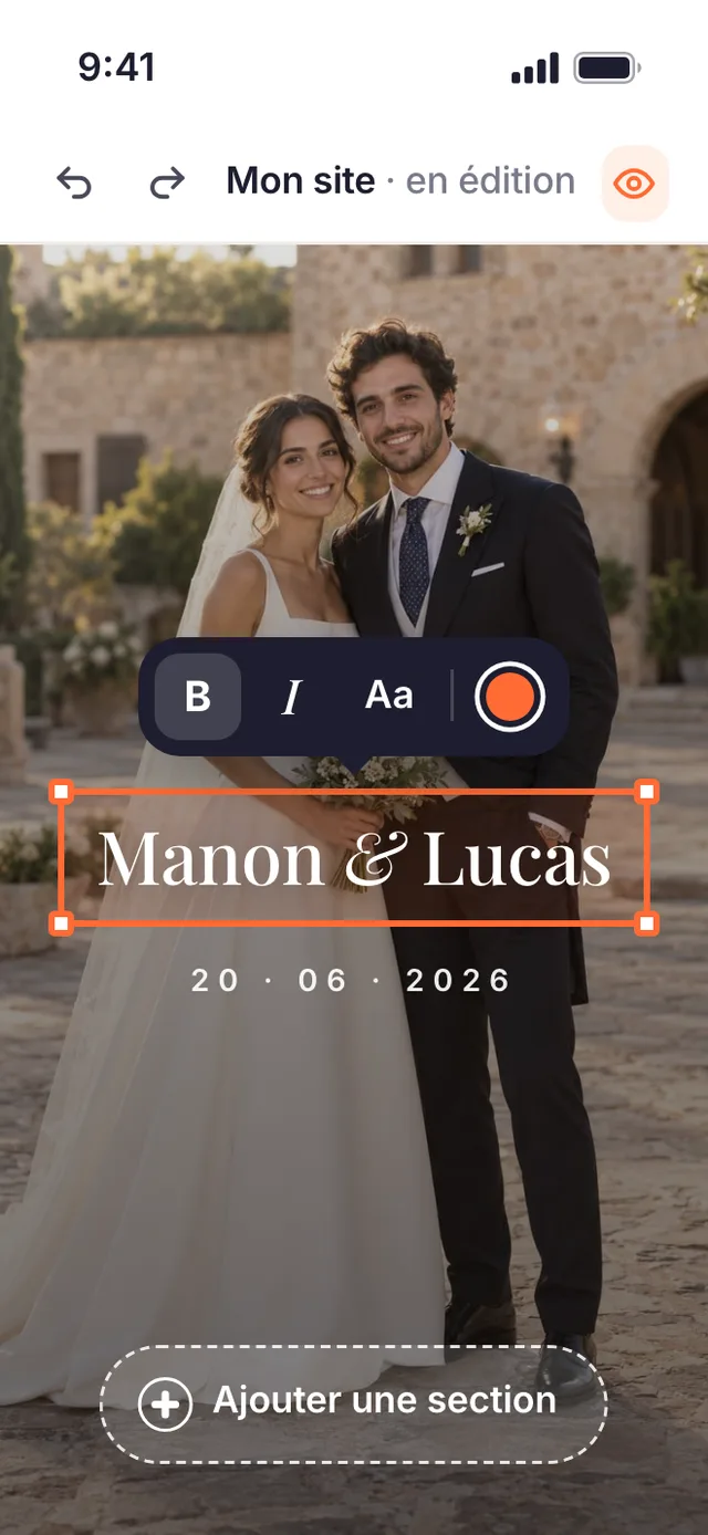 Éditeur YesLovey sur mobile avec les prénoms du couple sélectionnés et la barre de mise en forme