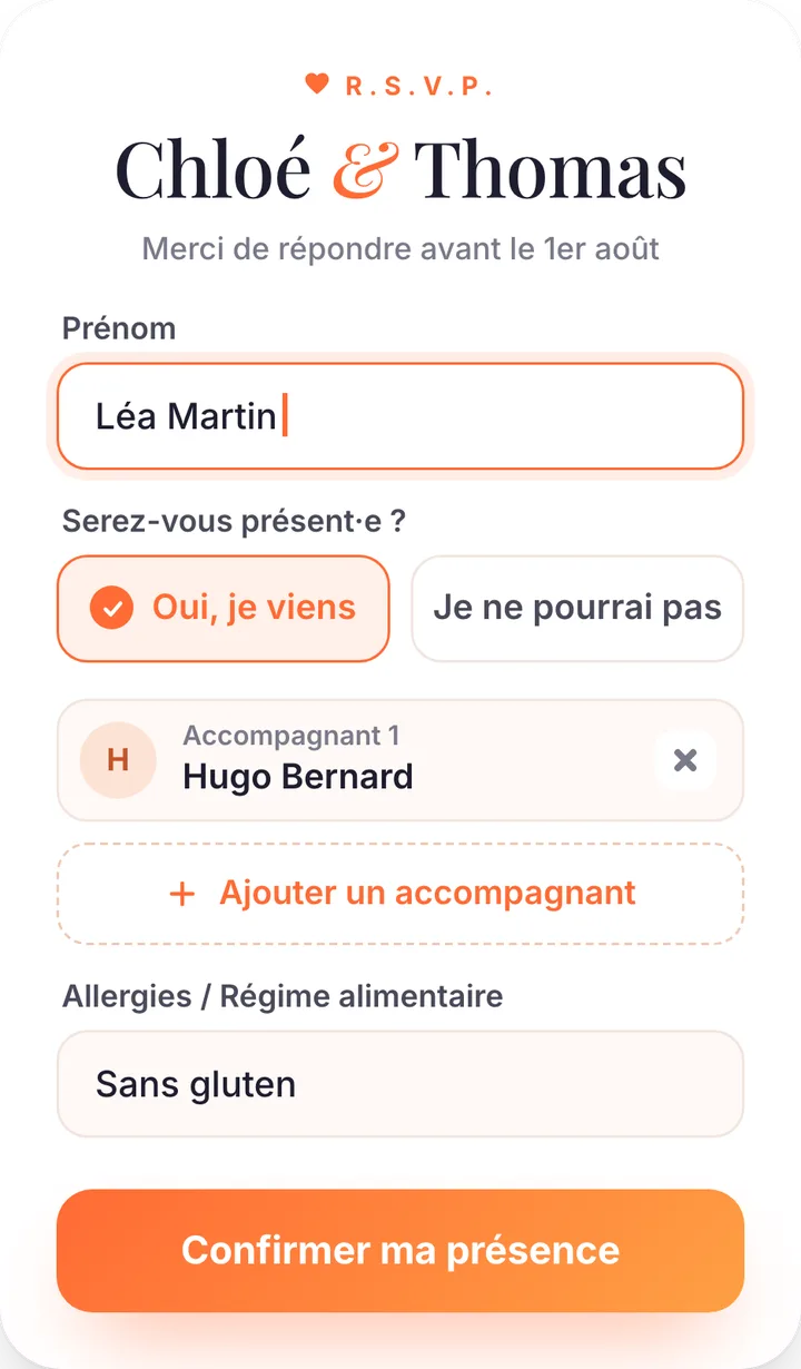 Formulaire de réponse que remplissent vos invités