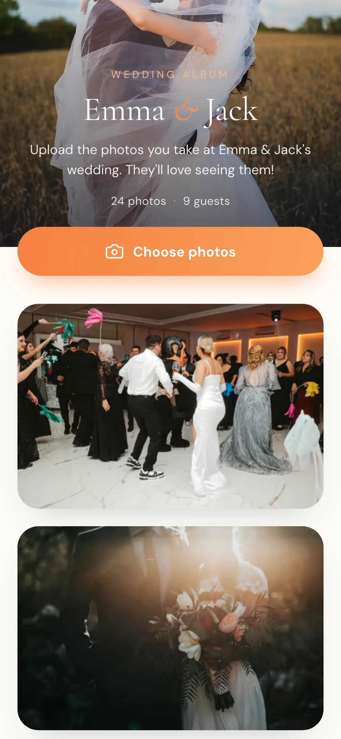 Guest album showing the cover photo and the wedding photo gallery