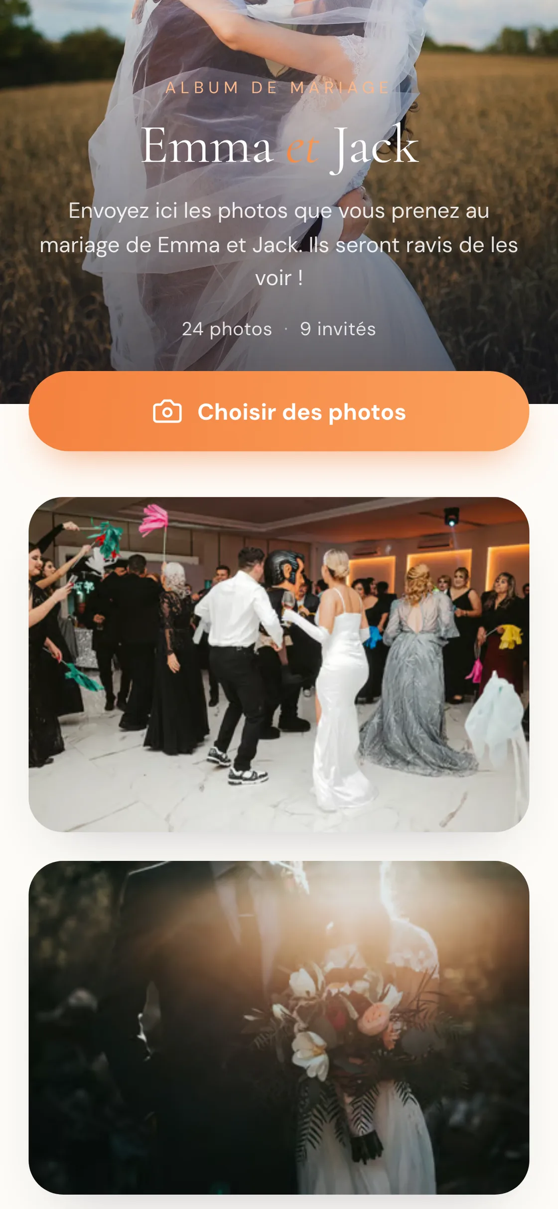 Album des invités avec la photo de couverture et la galerie de photos du mariage