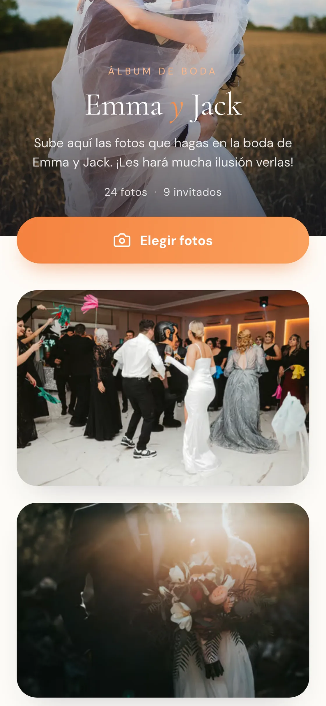 Álbum de los invitados con la portada y la galería de fotos de la boda