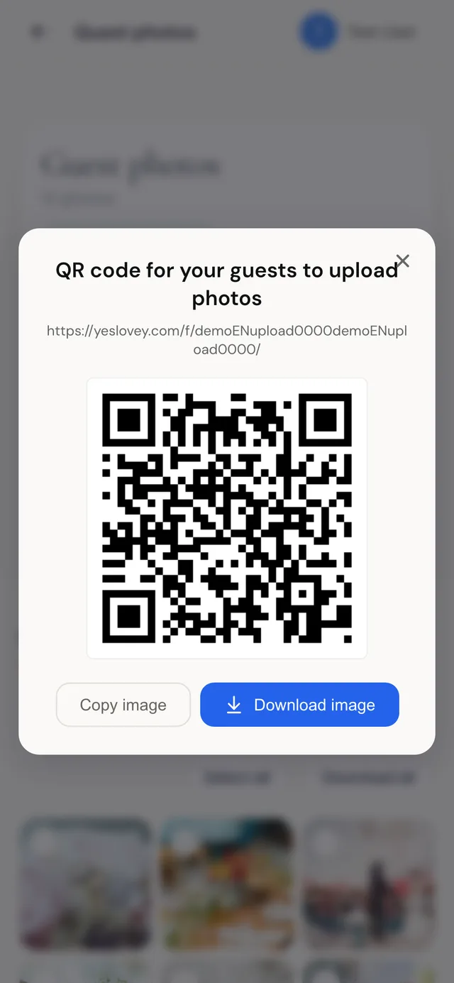 Couple's dashboard with the album QR code ready to download