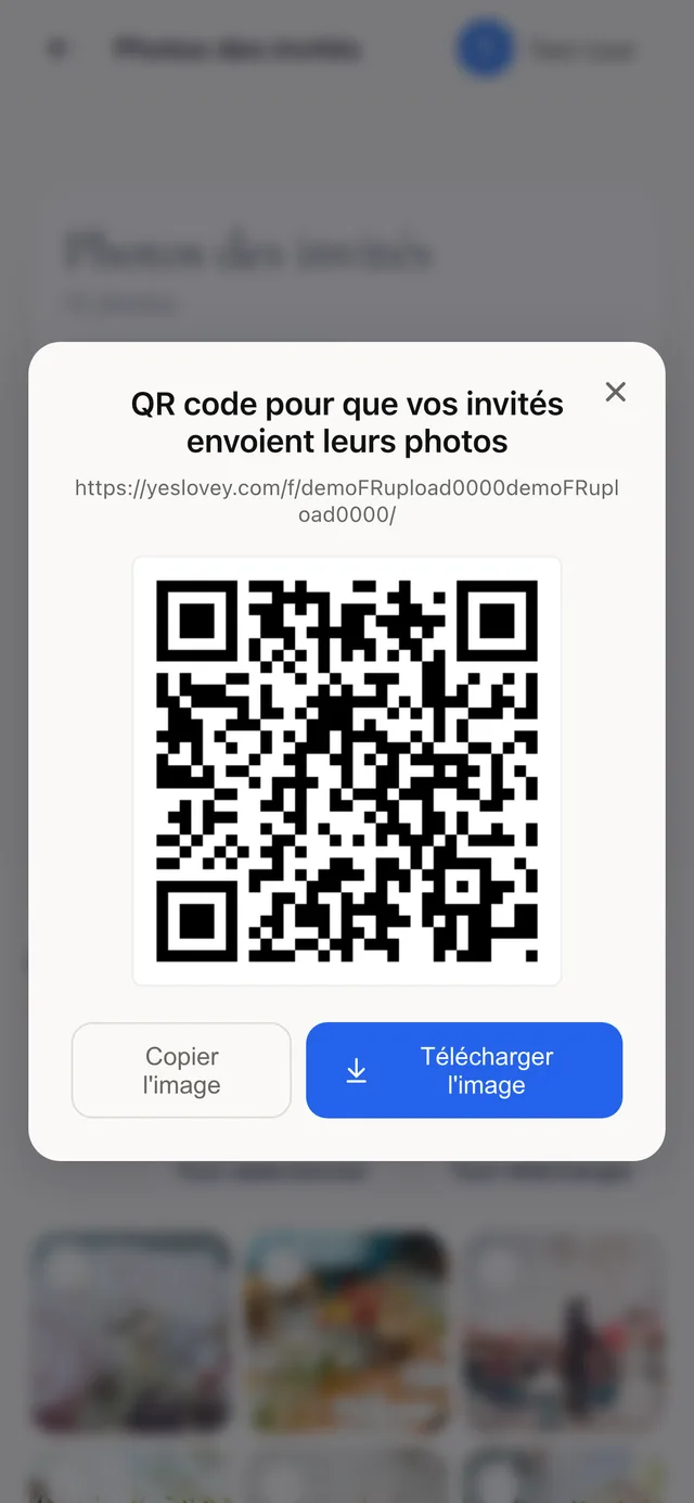Tableau de bord du couple avec le QR code de l'album prêt à télécharger